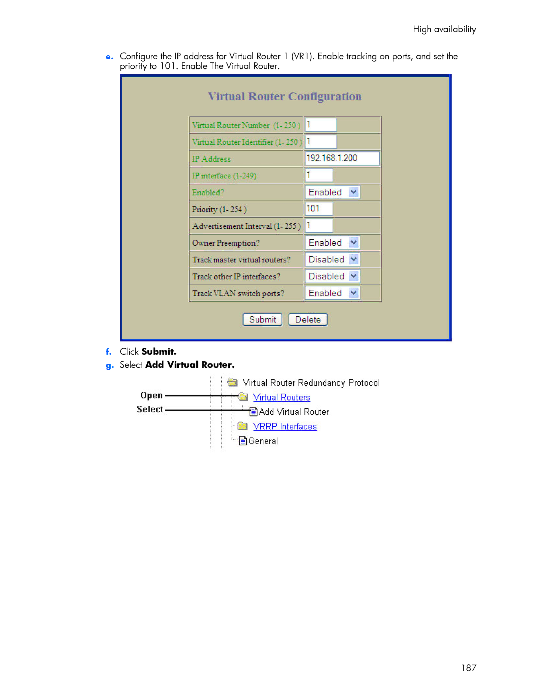 HP 445946-001 manual Click Submit Select Add Virtual Router, 187 