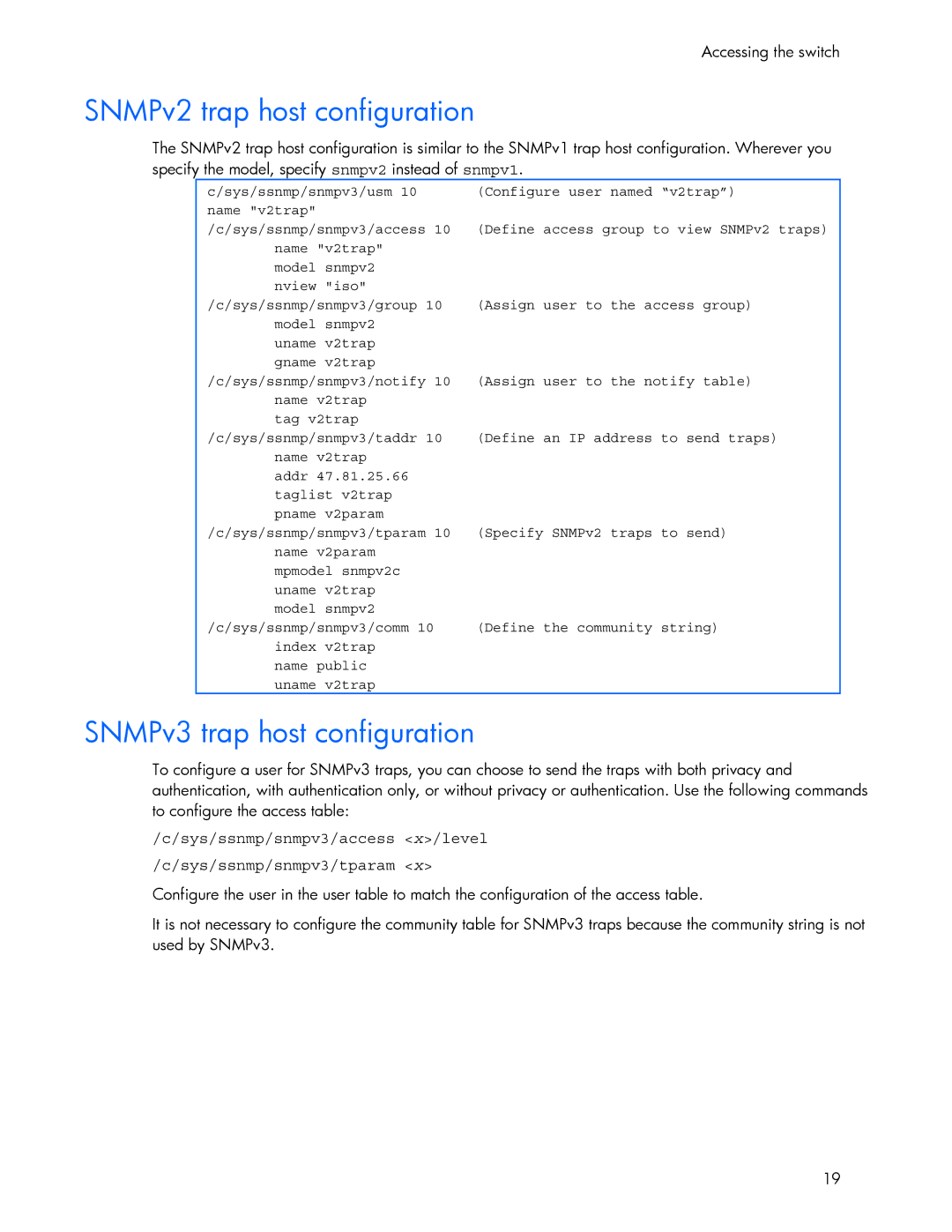 HP 445946-001 manual SNMPv2 trap host configuration, SNMPv3 trap host configuration 