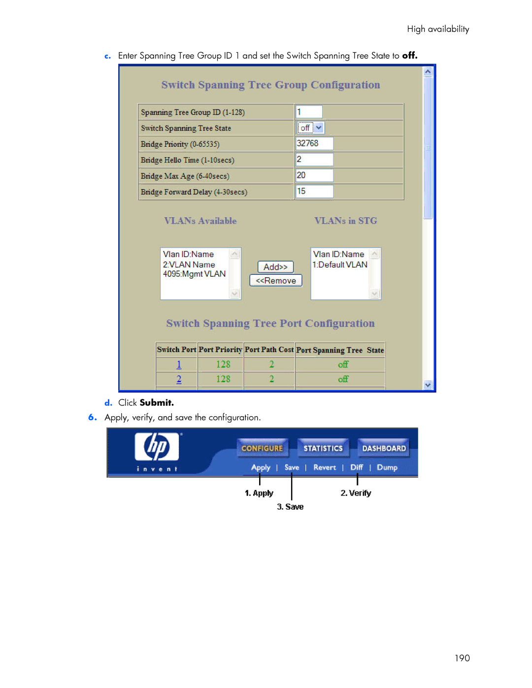 HP 445946-001 manual Apply, verify, and save the configuration 190 