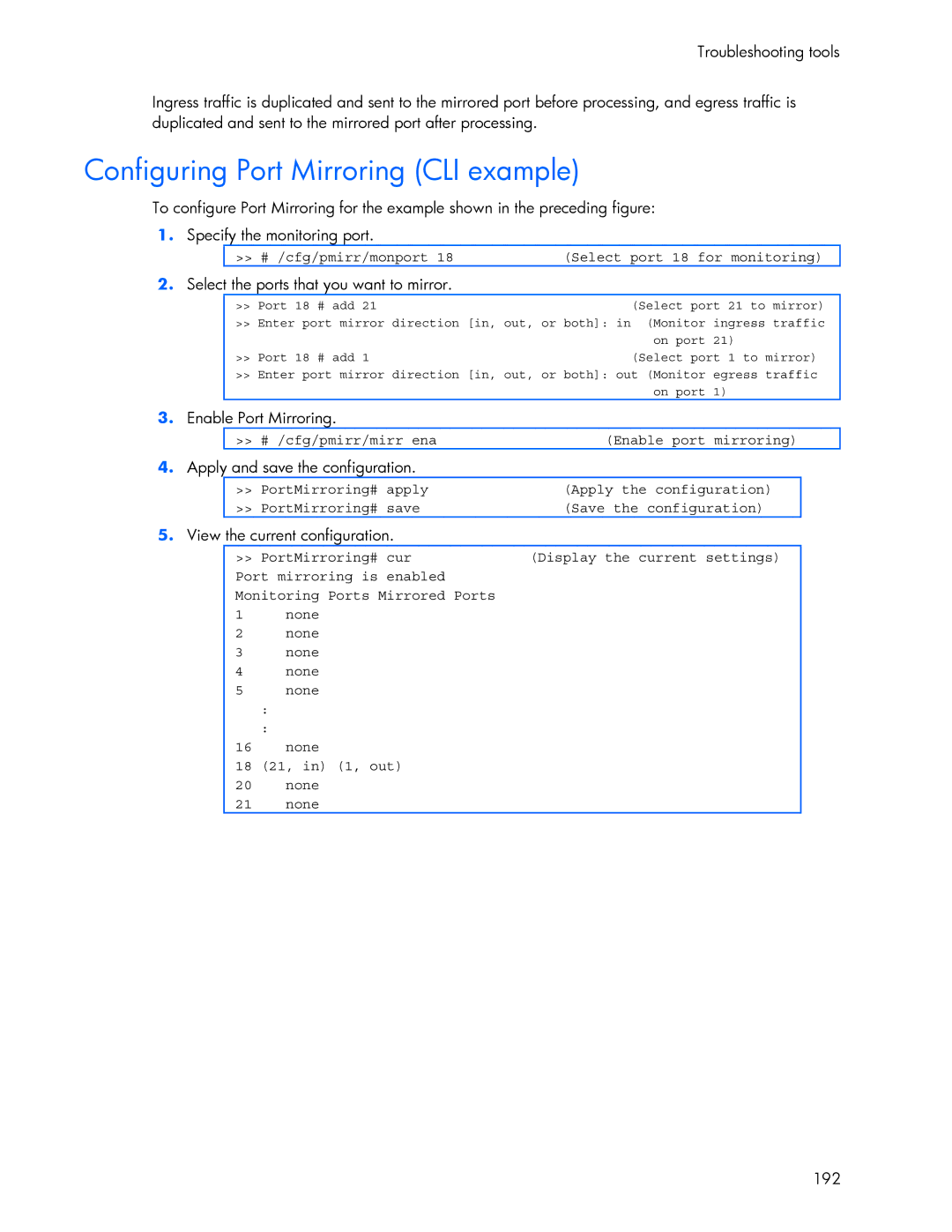 HP 445946-001 Configuring Port Mirroring CLI example, Select the ports that you want to mirror, Enable Port Mirroring 