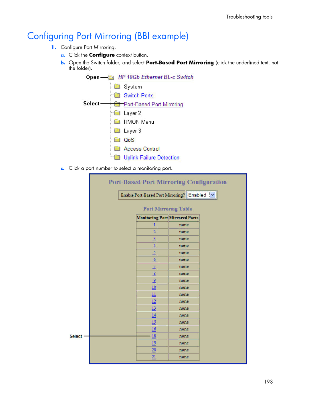 HP 445946-001 manual Configuring Port Mirroring BBI example 