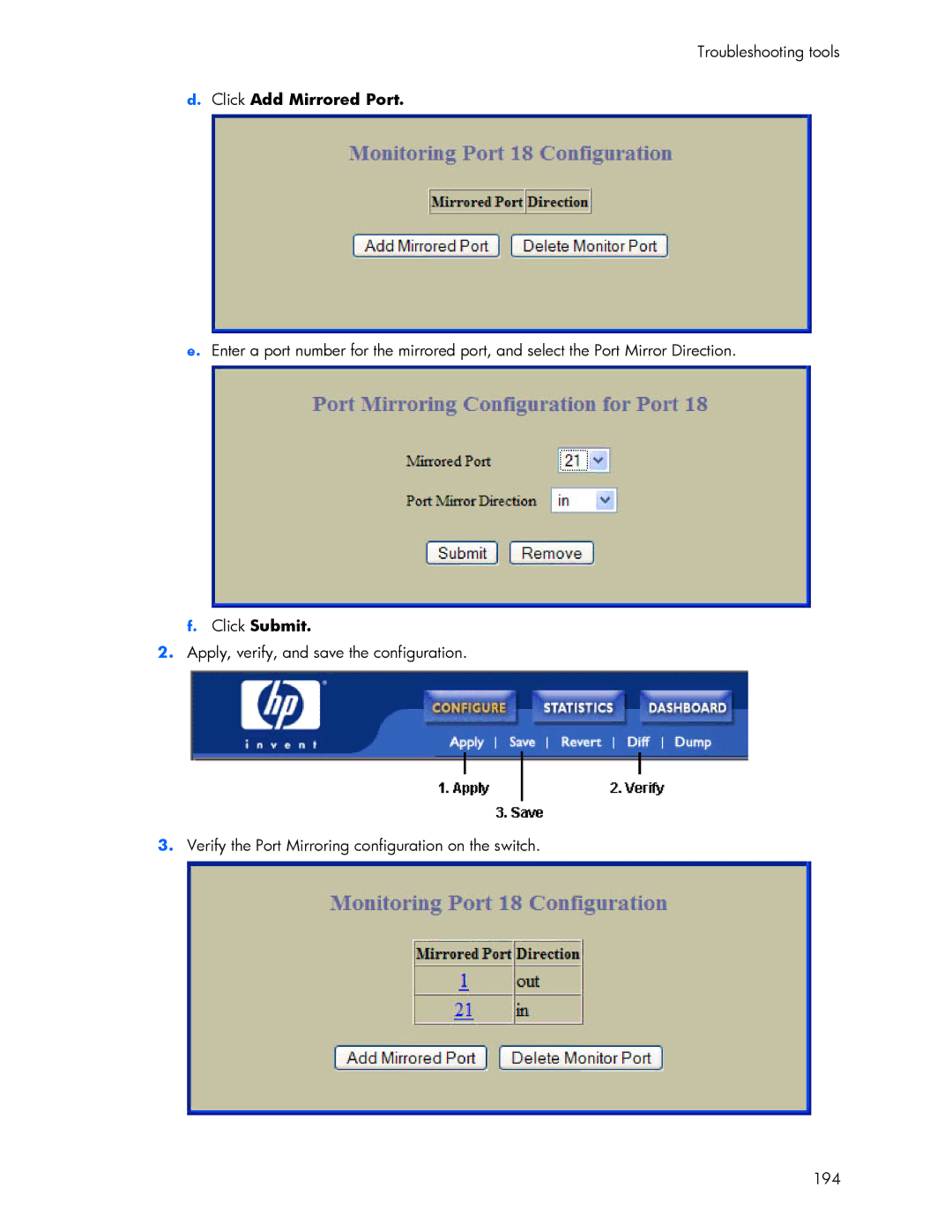 HP 445946-001 manual Click Add Mirrored Port, Click Submit 