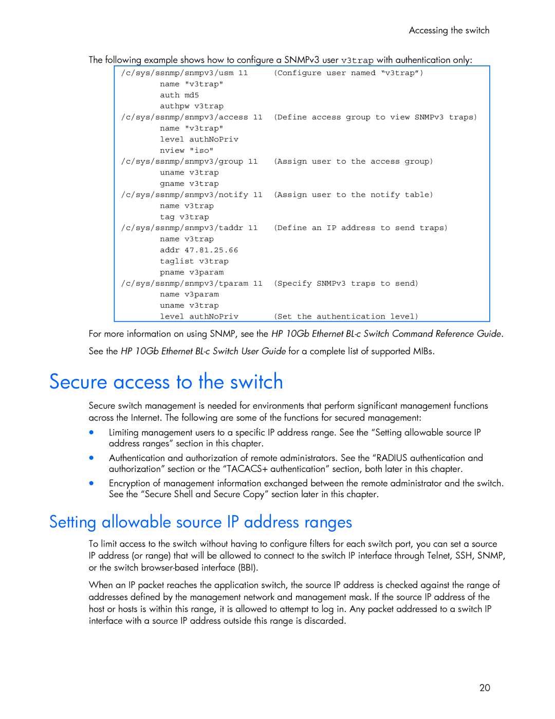 HP 445946-001 manual Secure access to the switch, Setting allowable source IP address ranges 