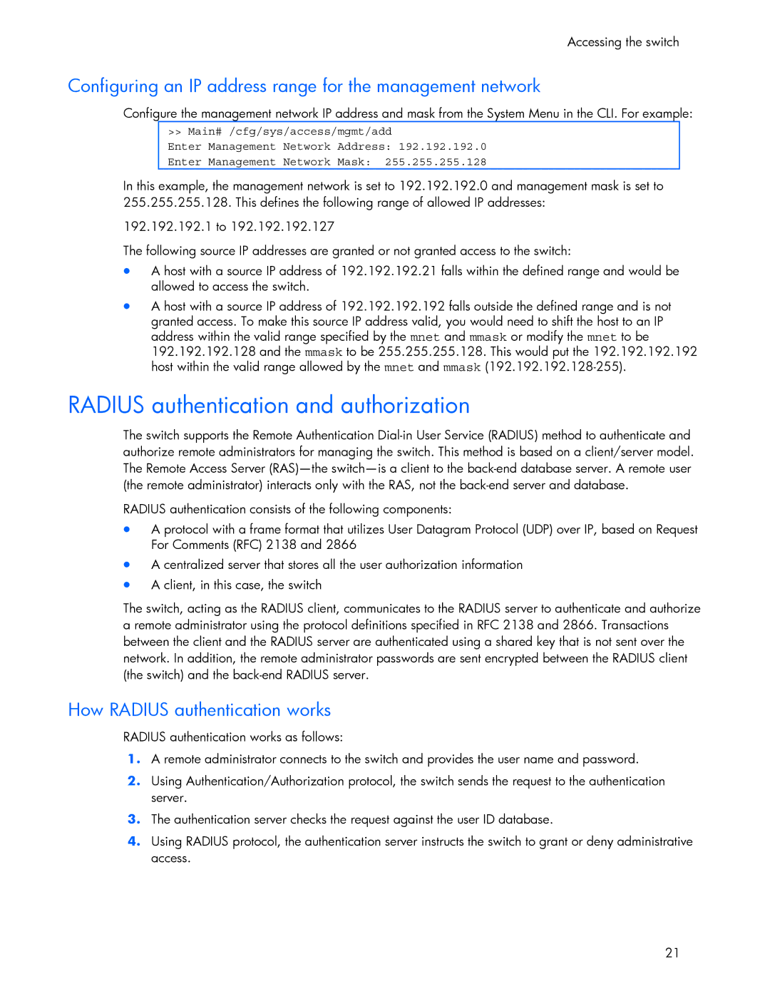 HP 445946-001 manual Radius authentication and authorization, Configuring an IP address range for the management network 