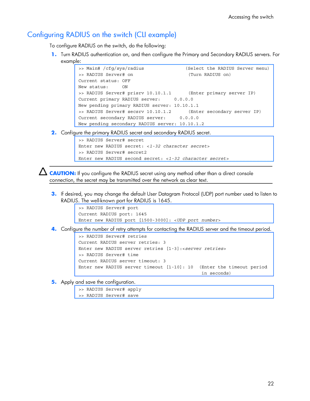 HP 445946-001 manual Configuring Radius on the switch CLI example, Apply and save the configuration 