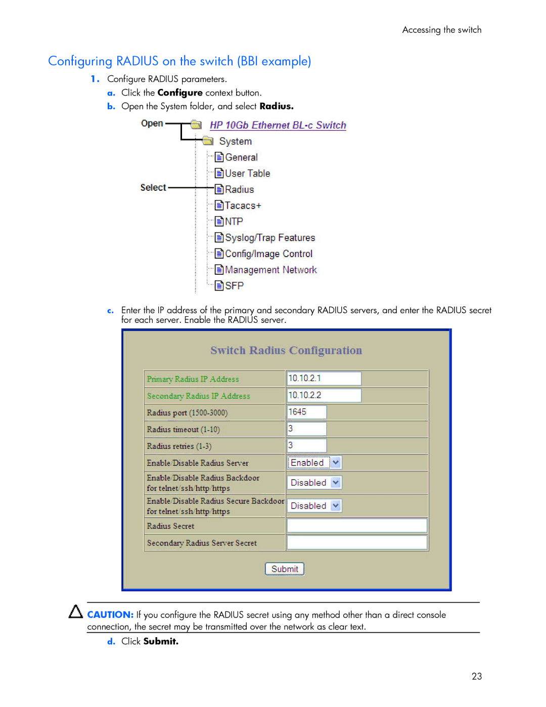 HP 445946-001 manual Configuring Radius on the switch BBI example, Click Submit 