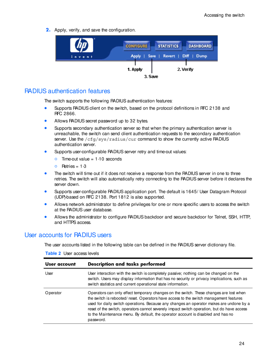 HP 445946-001 manual Radius authentication features, User accounts for Radius users, Description and tasks performed 