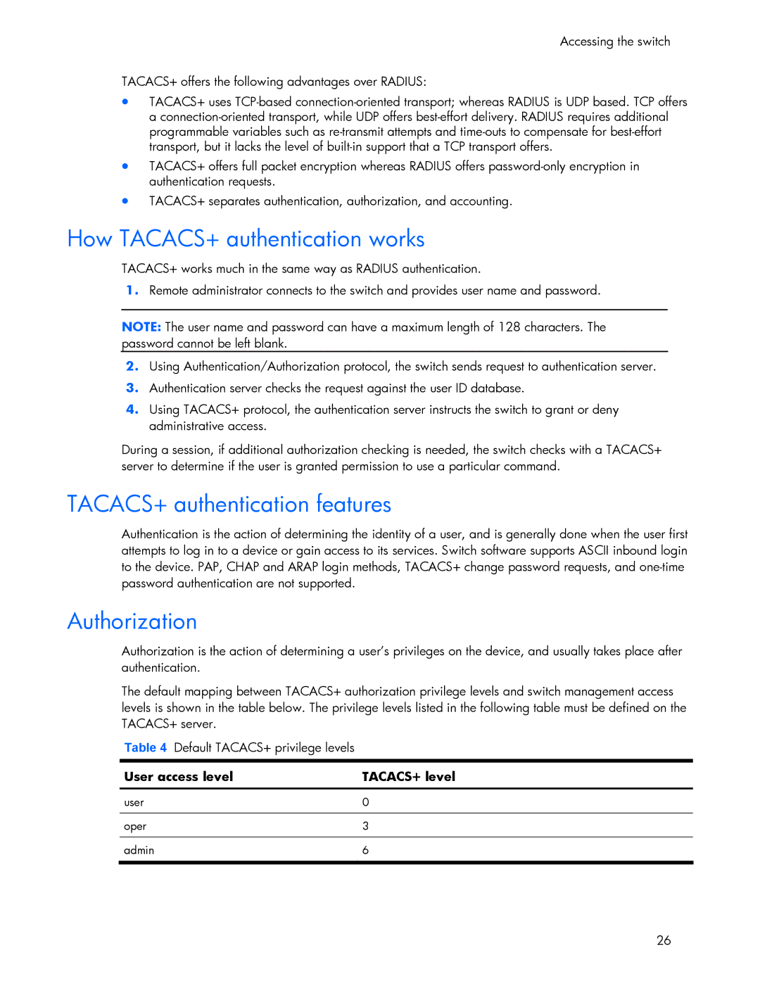 HP 445946-001 manual How TACACS+ authentication works, TACACS+ authentication features, Authorization 