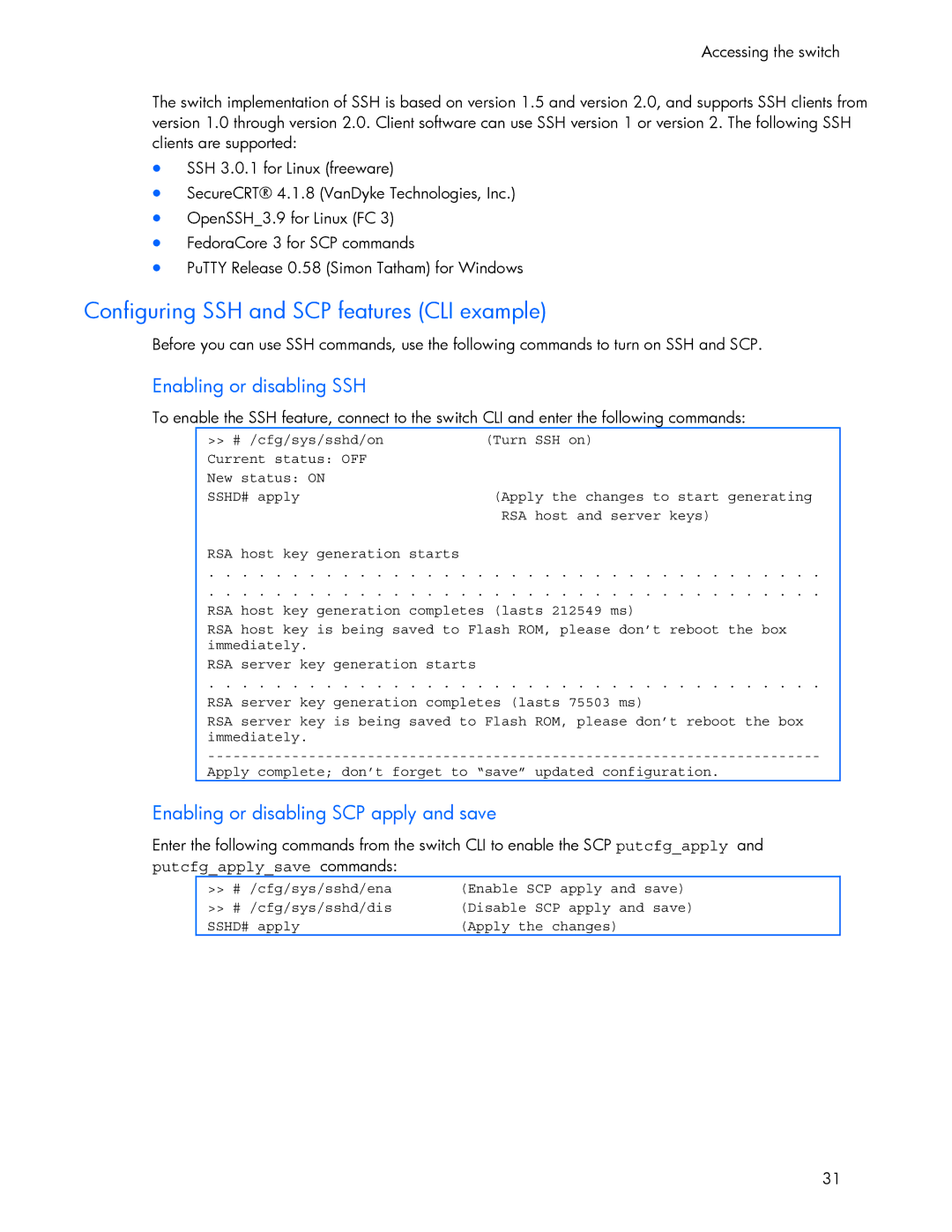 HP 445946-001 manual Configuring SSH and SCP features CLI example, Enabling or disabling SSH 