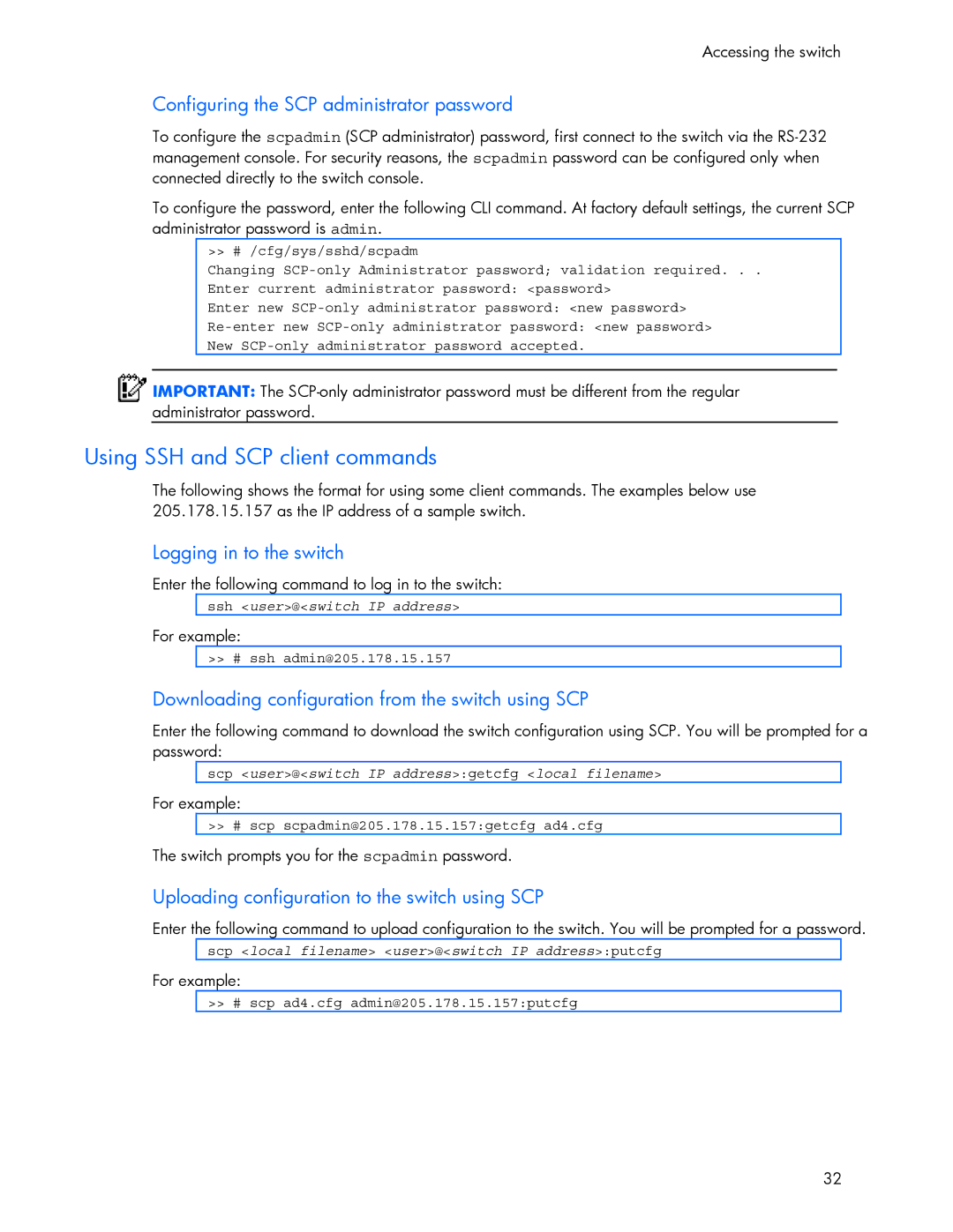 HP 445946-001 manual Using SSH and SCP client commands, Enter the following command to log in to the switch, For example 