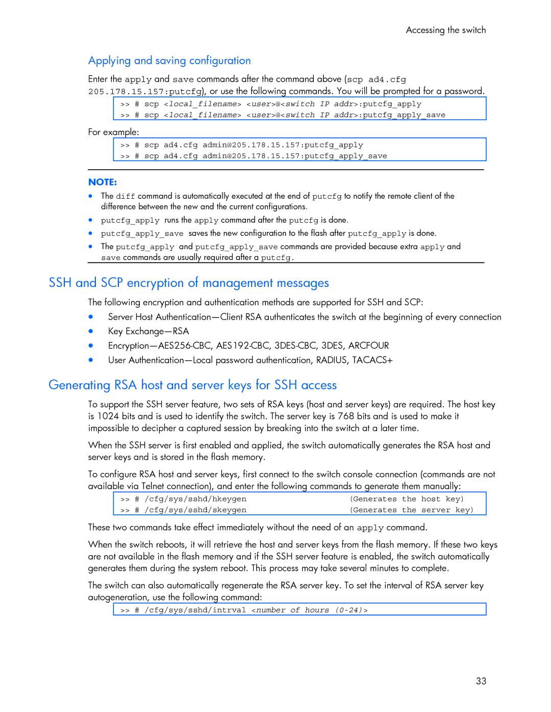 HP 445946-001 manual SSH and SCP encryption of management messages, Generating RSA host and server keys for SSH access 