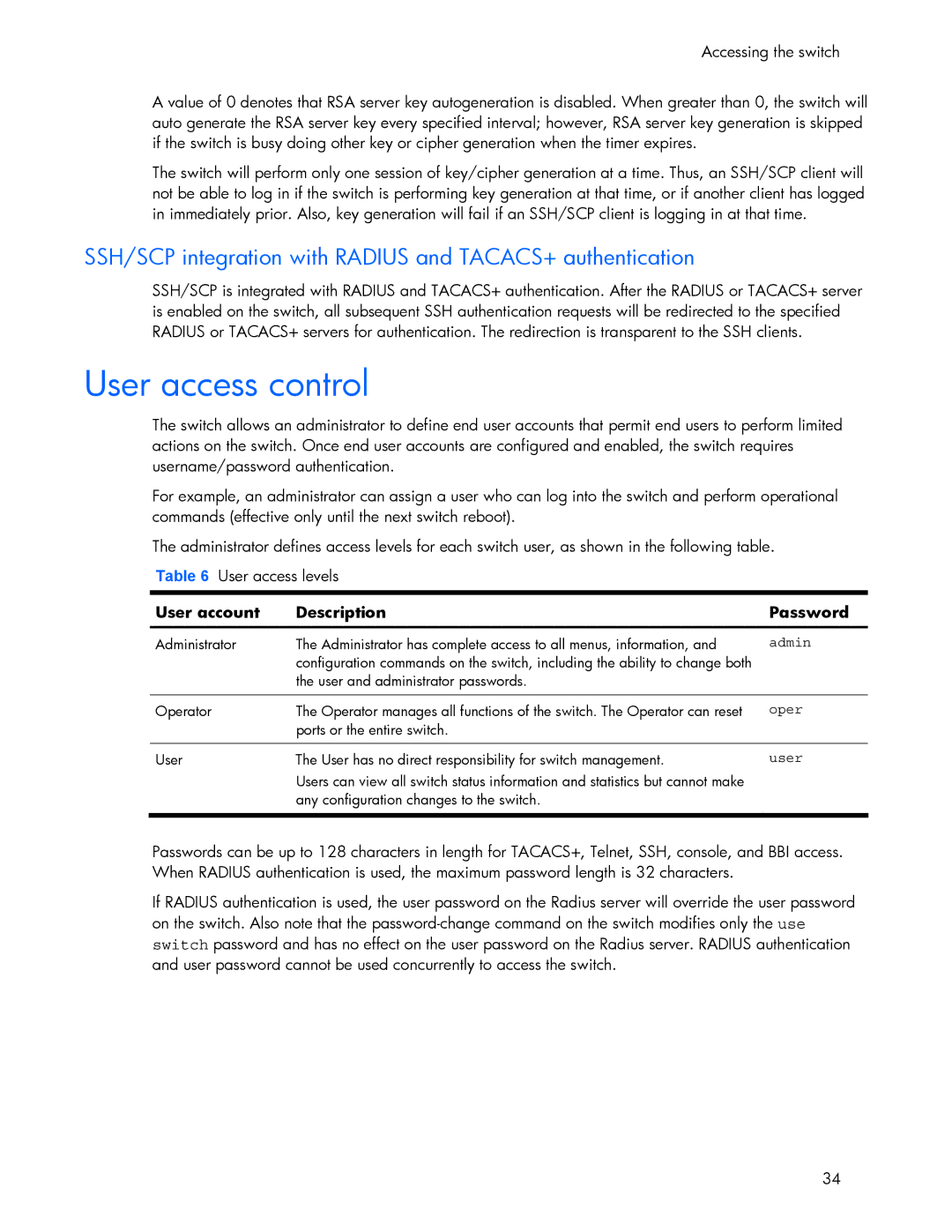 HP 445946-001 manual User access control, SSH/SCP integration with Radius and TACACS+ authentication 