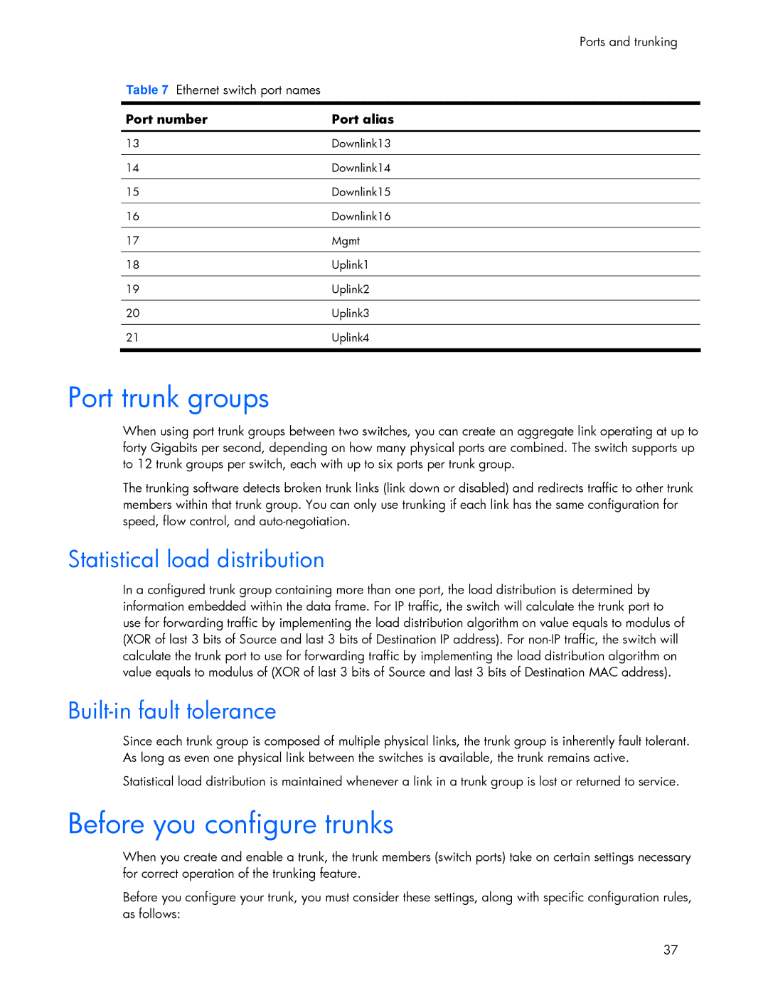 HP 445946-001 Port trunk groups, Before you configure trunks, Statistical load distribution, Built-in fault tolerance 