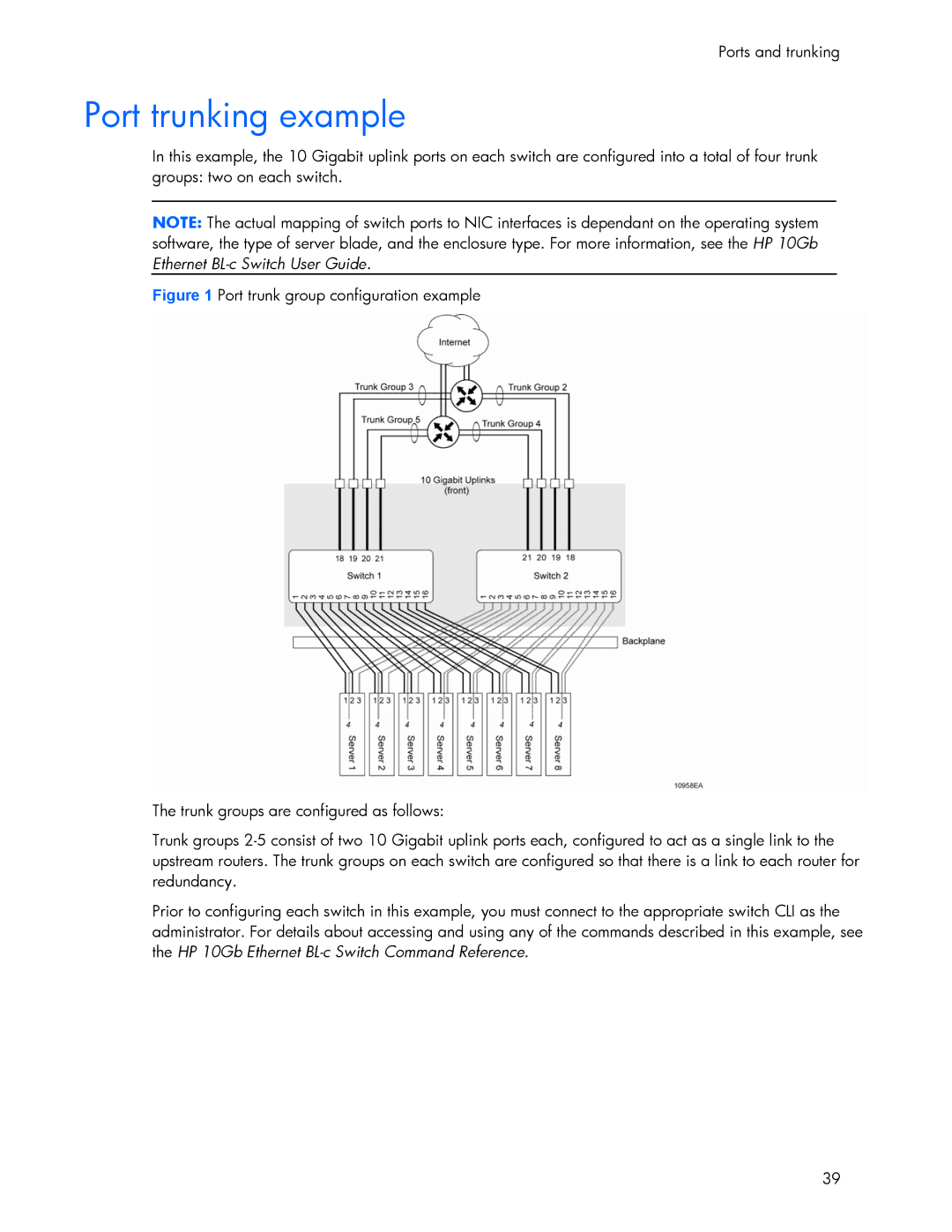 HP 445946-001 manual Port trunking example, Ports and trunking 