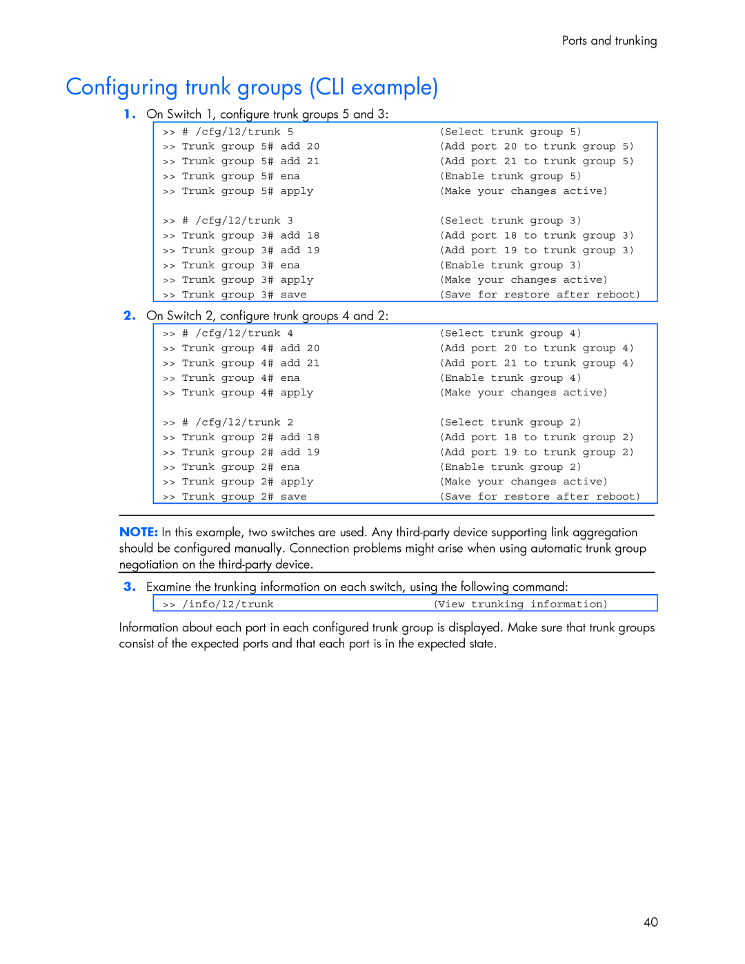 HP 445946-001 manual Configuring trunk groups CLI example, On Switch 1, configure trunk groups 5 