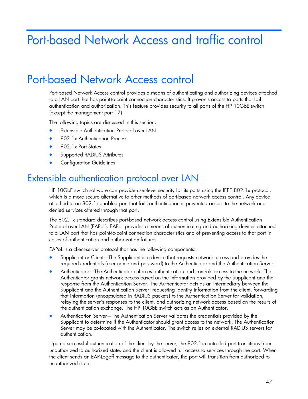 HP 445946-001 manual Port-based Network Access and traffic control, Port-based Network Access control 