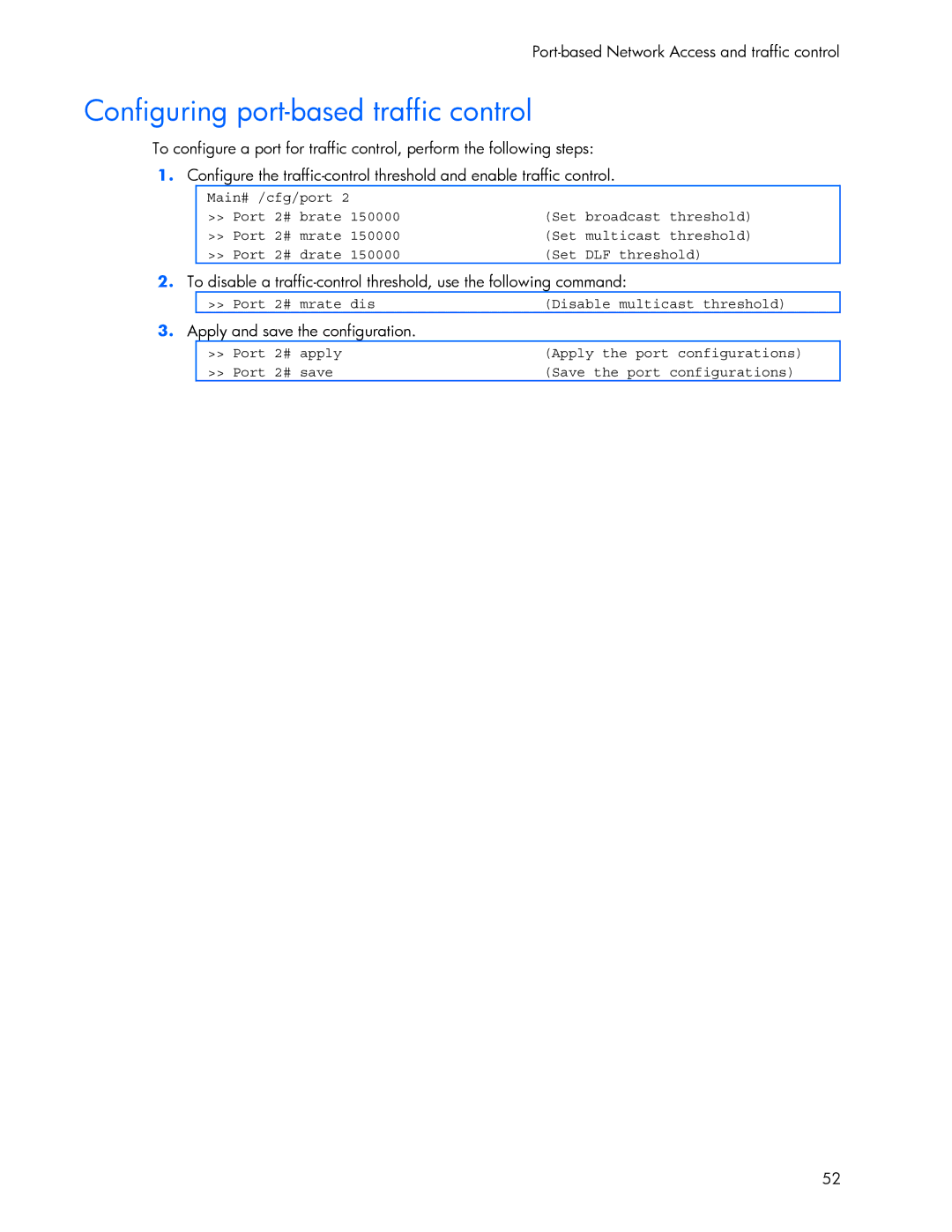 HP 445946-001 manual Configuring port-based traffic control, Apply and save the configuration 