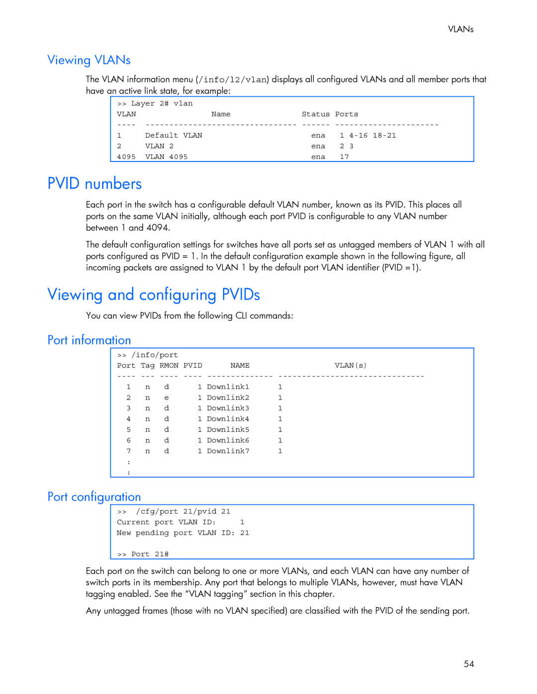 HP 445946-001 manual Pvid numbers, Viewing and configuring PVIDs, Viewing VLANs, Port information, Port configuration 