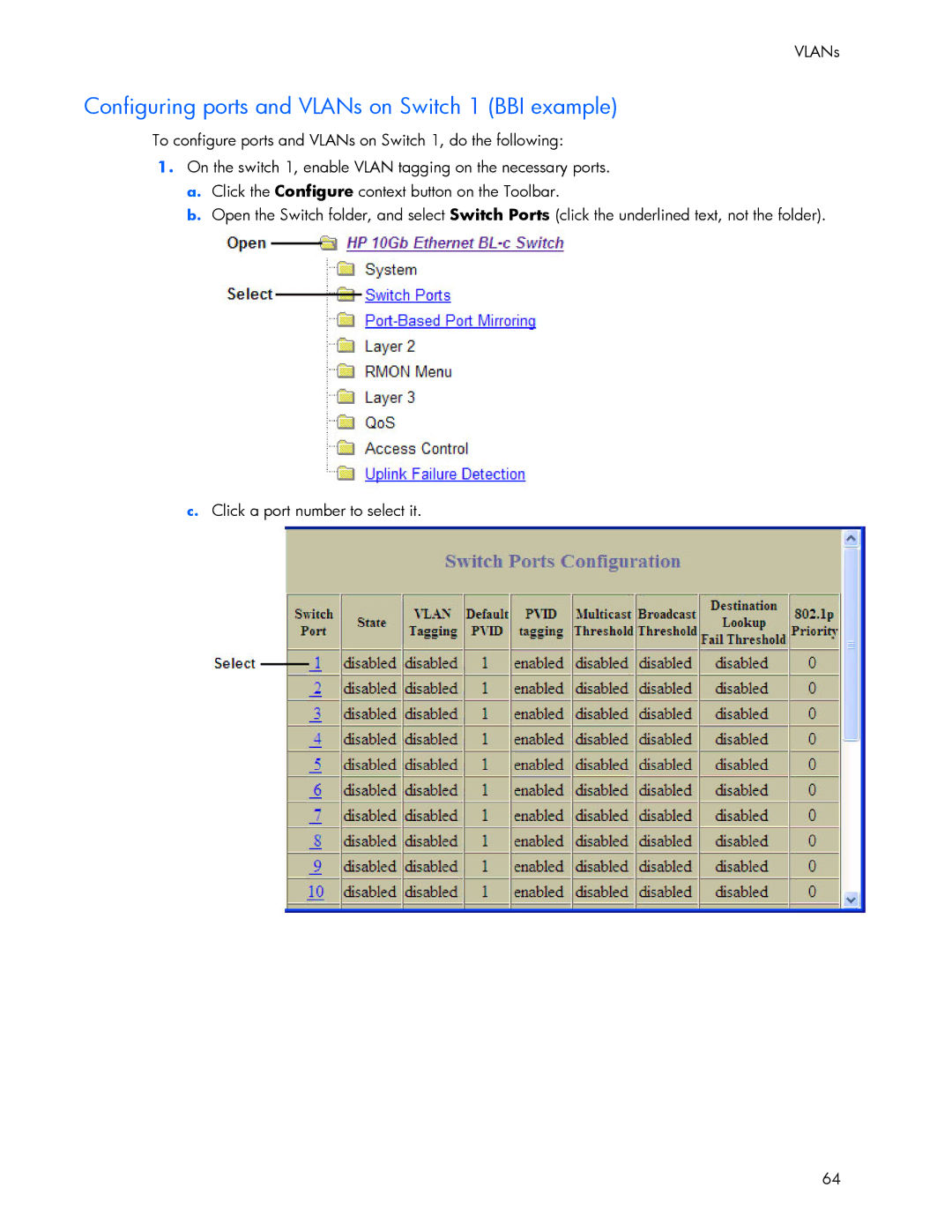 HP 445946-001 manual Configuring ports and VLANs on Switch 1 BBI example 