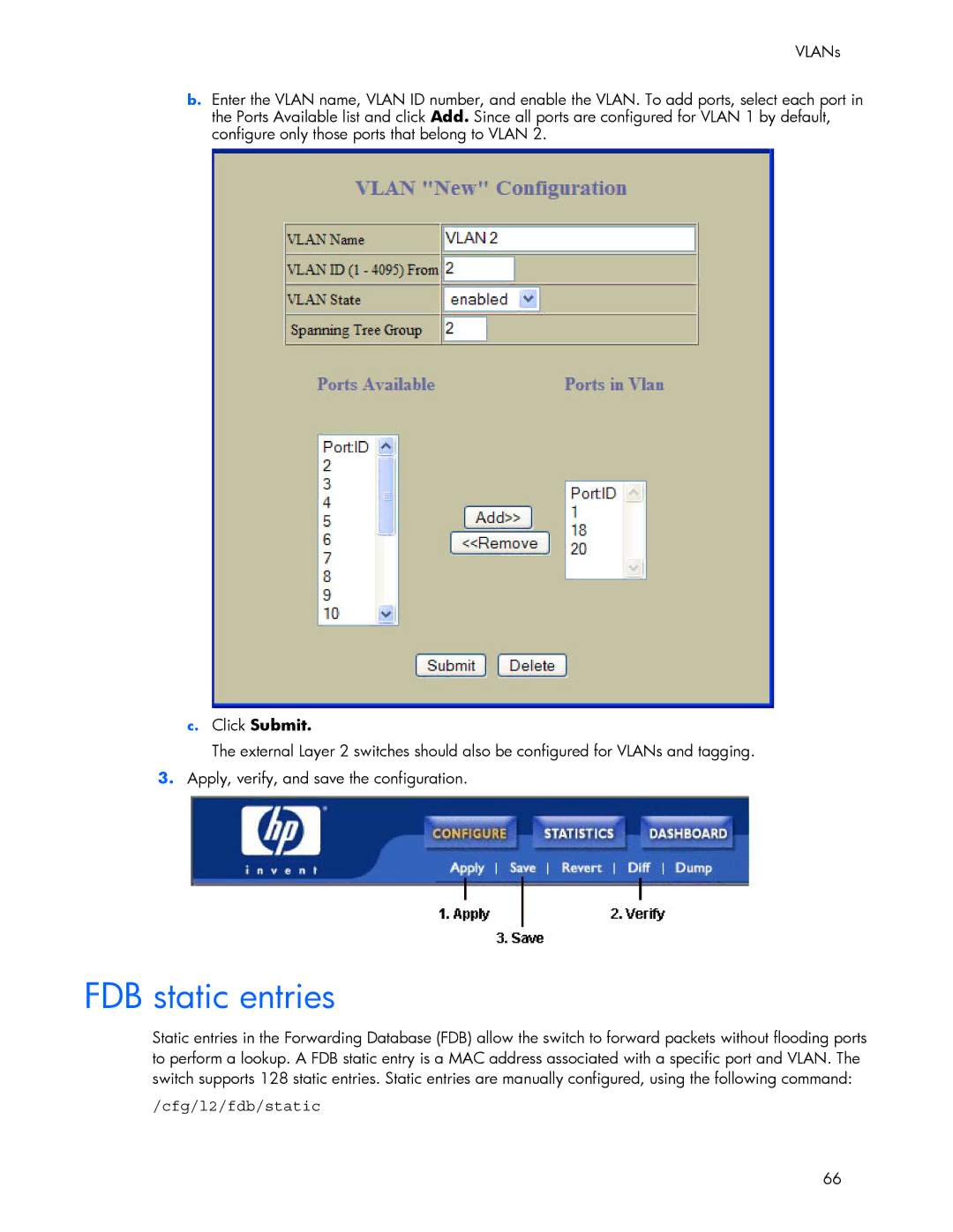 HP 445946-001 manual FDB static entries, Cfg/l2/fdb/static 