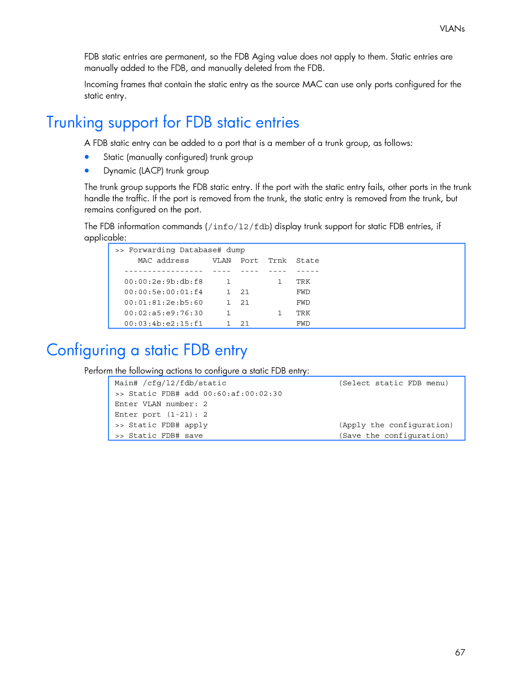 HP 445946-001 manual Trunking support for FDB static entries, Configuring a static FDB entry 