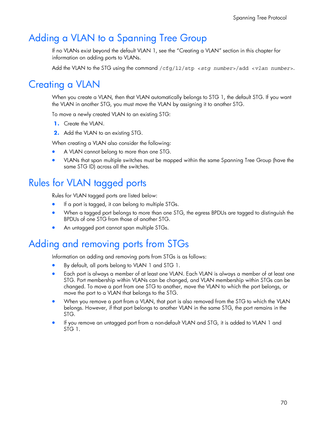 HP 445946-001 manual Adding a Vlan to a Spanning Tree Group, Creating a Vlan, Rules for Vlan tagged ports 