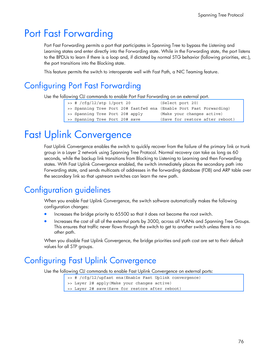 HP 445946-001 manual Fast Uplink Convergence, Configuring Port Fast Forwarding, Configuration guidelines 