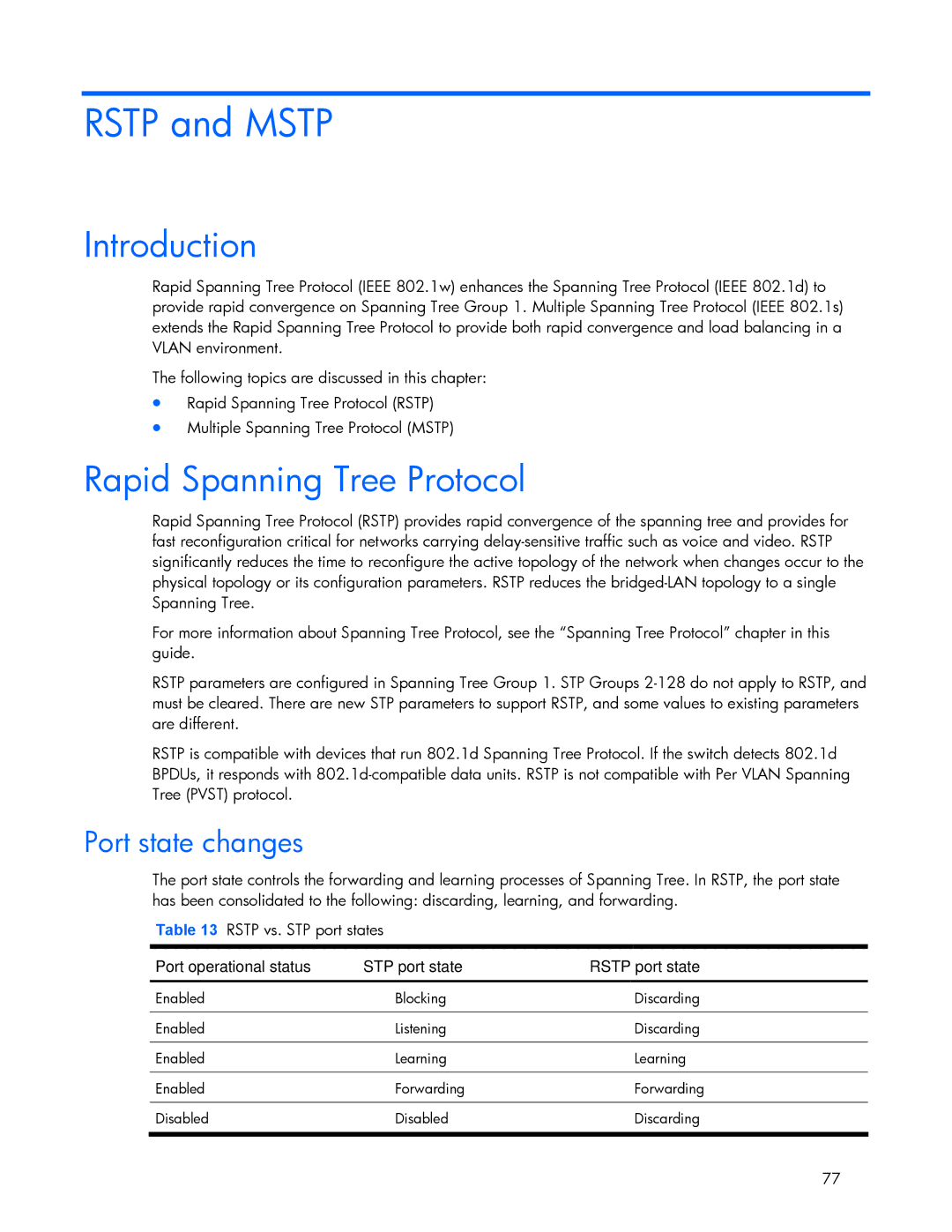 HP 445946-001 manual Rstp and Mstp, Rapid Spanning Tree Protocol, Port state changes 