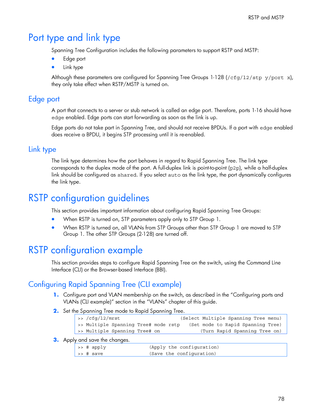 HP 445946-001 manual Port type and link type, Rstp configuration guidelines, Rstp configuration example 