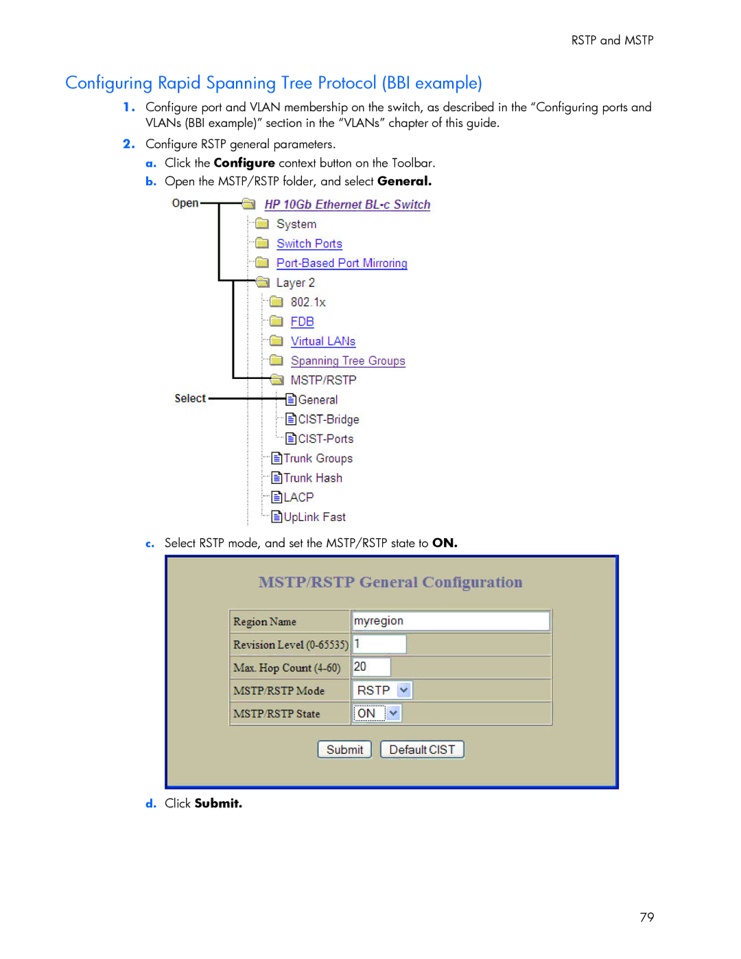 HP 445946-001 manual Configuring Rapid Spanning Tree Protocol BBI example, Click Submit 