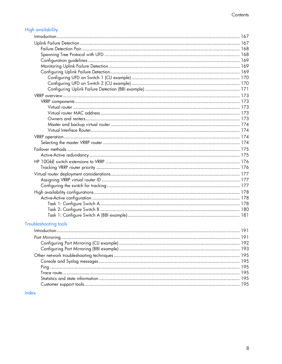 HP 445946-001 manual 167, 173, Active-Active redundancy 175, Tracking Vrrp router priority 176, 177, 178, 191, 195 