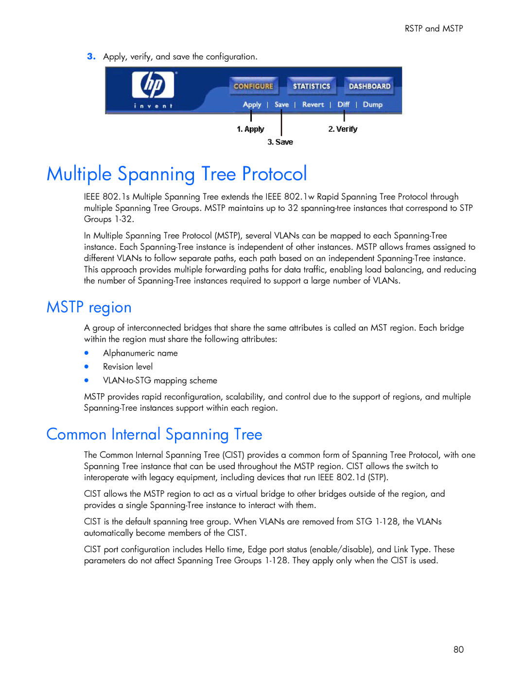 HP 445946-001 manual Multiple Spanning Tree Protocol, Mstp region, Common Internal Spanning Tree 