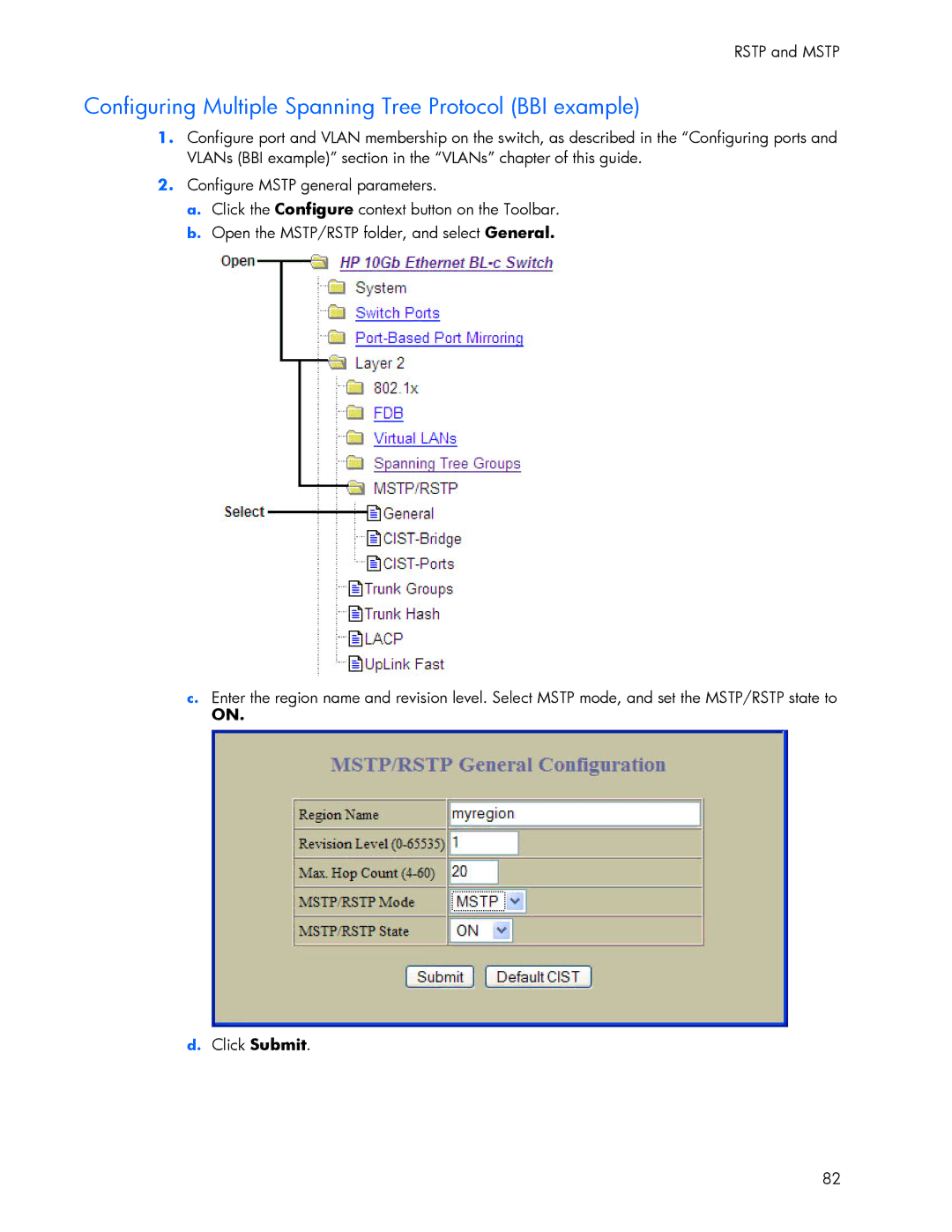 HP 445946-001 manual Configuring Multiple Spanning Tree Protocol BBI example 