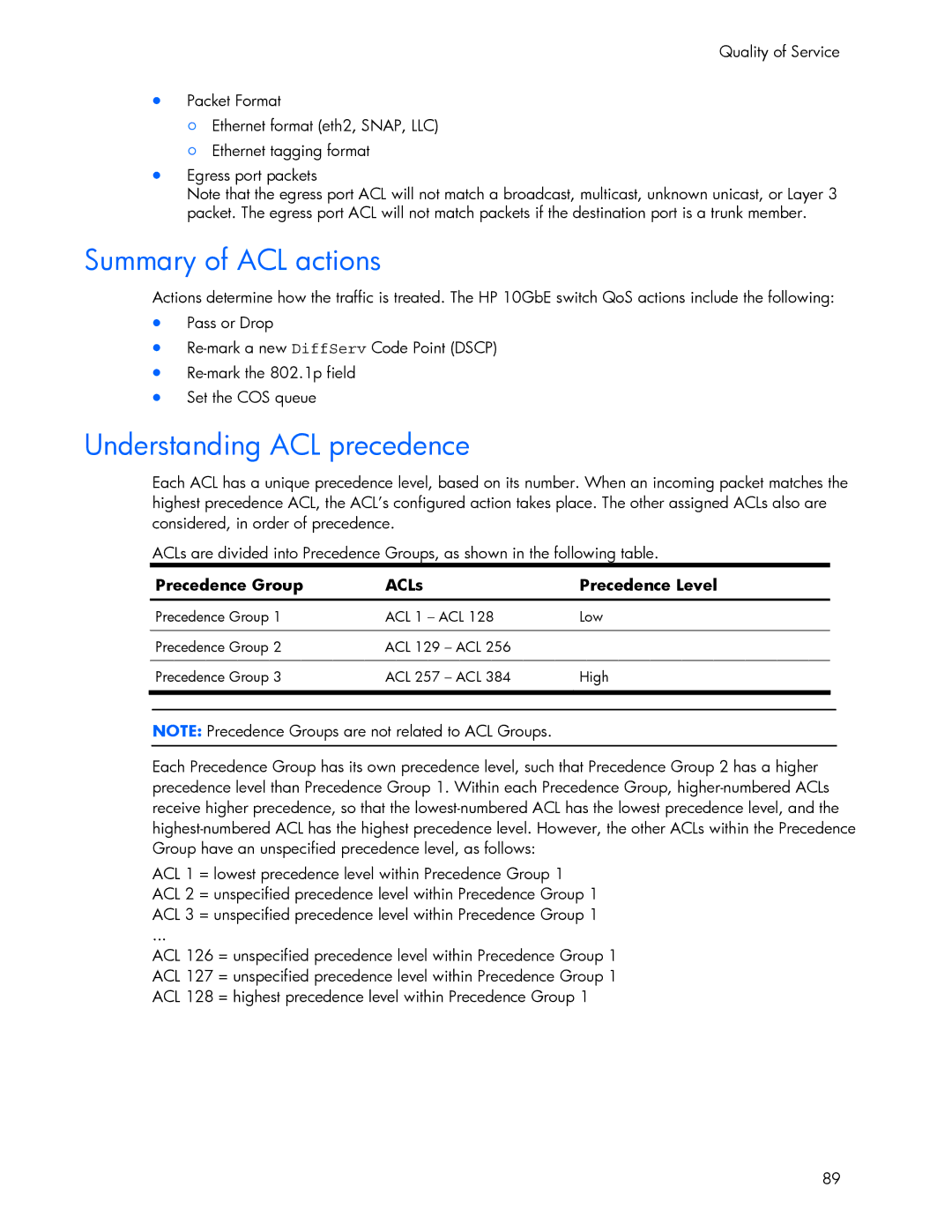 HP 445946-001 manual Summary of ACL actions, Understanding ACL precedence, Precedence Group ACLs Precedence Level 