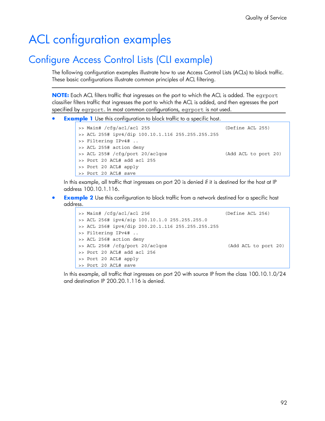 HP 445946-001 manual ACL configuration examples, Configure Access Control Lists CLI example 