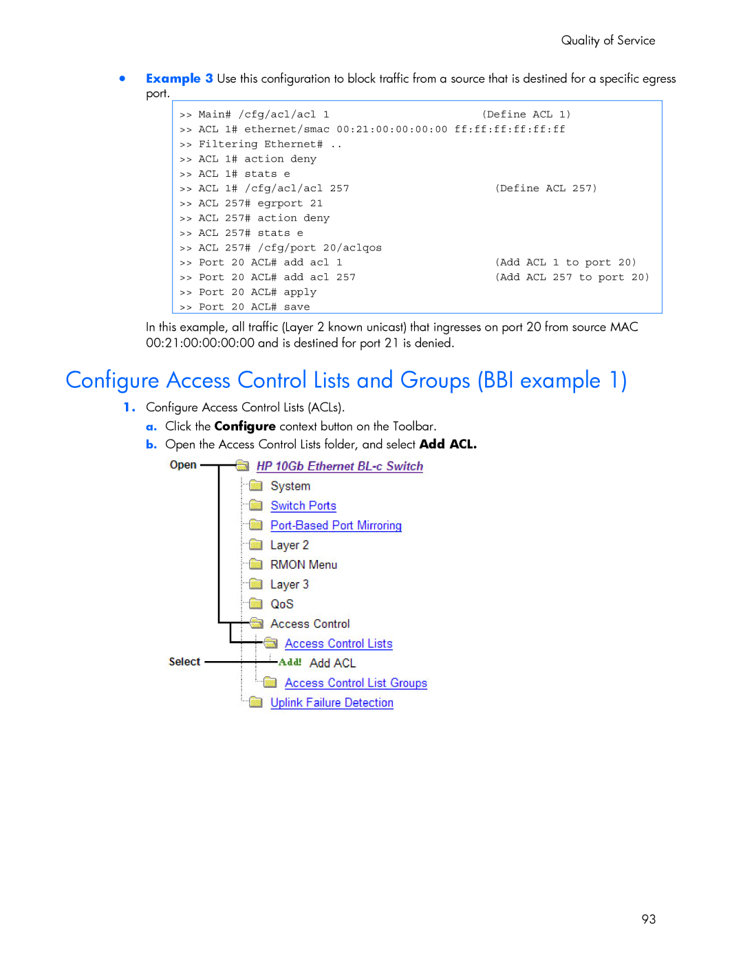 HP 445946-001 manual Configure Access Control Lists and Groups BBI example 