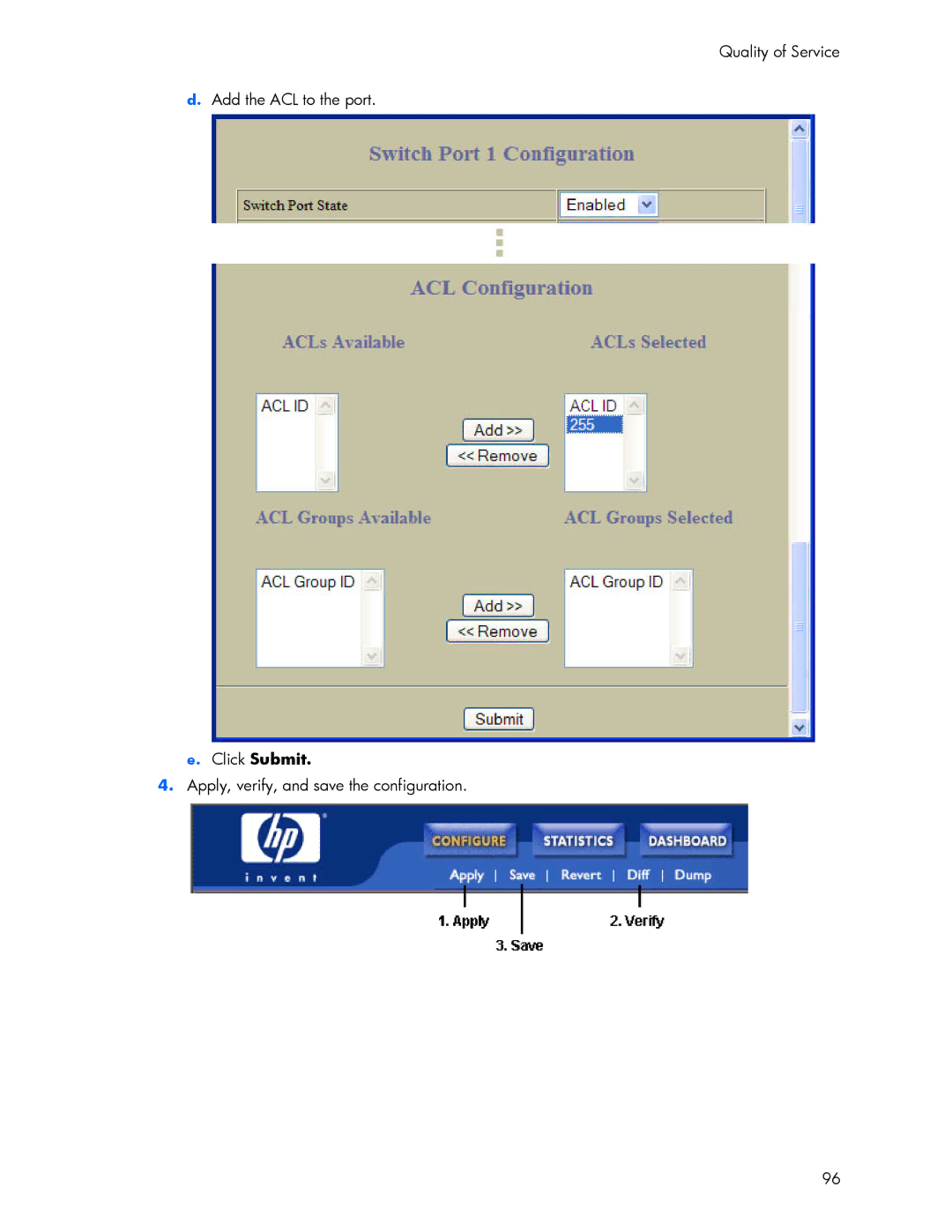 HP 445946-001 manual Quality of Service Add the ACL to the port 