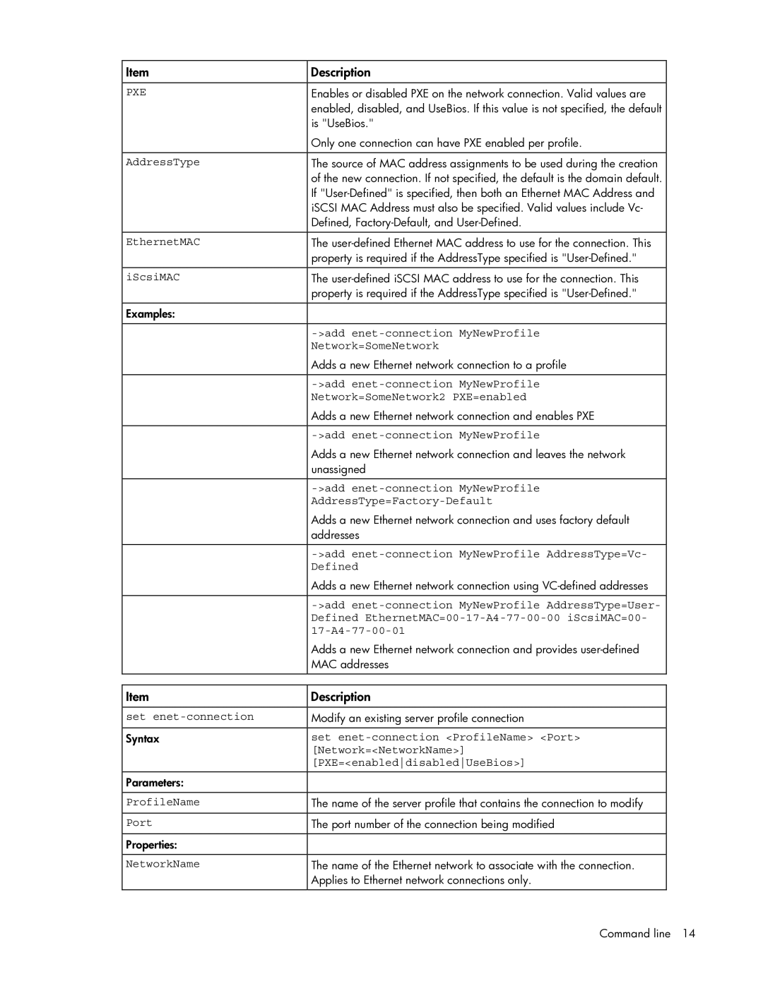 HP 449298-001 AddressType, EthernetMAC, IScsiMAC, Add enet-connection MyNewProfile, Network=SomeNetwork, Defined, Port 