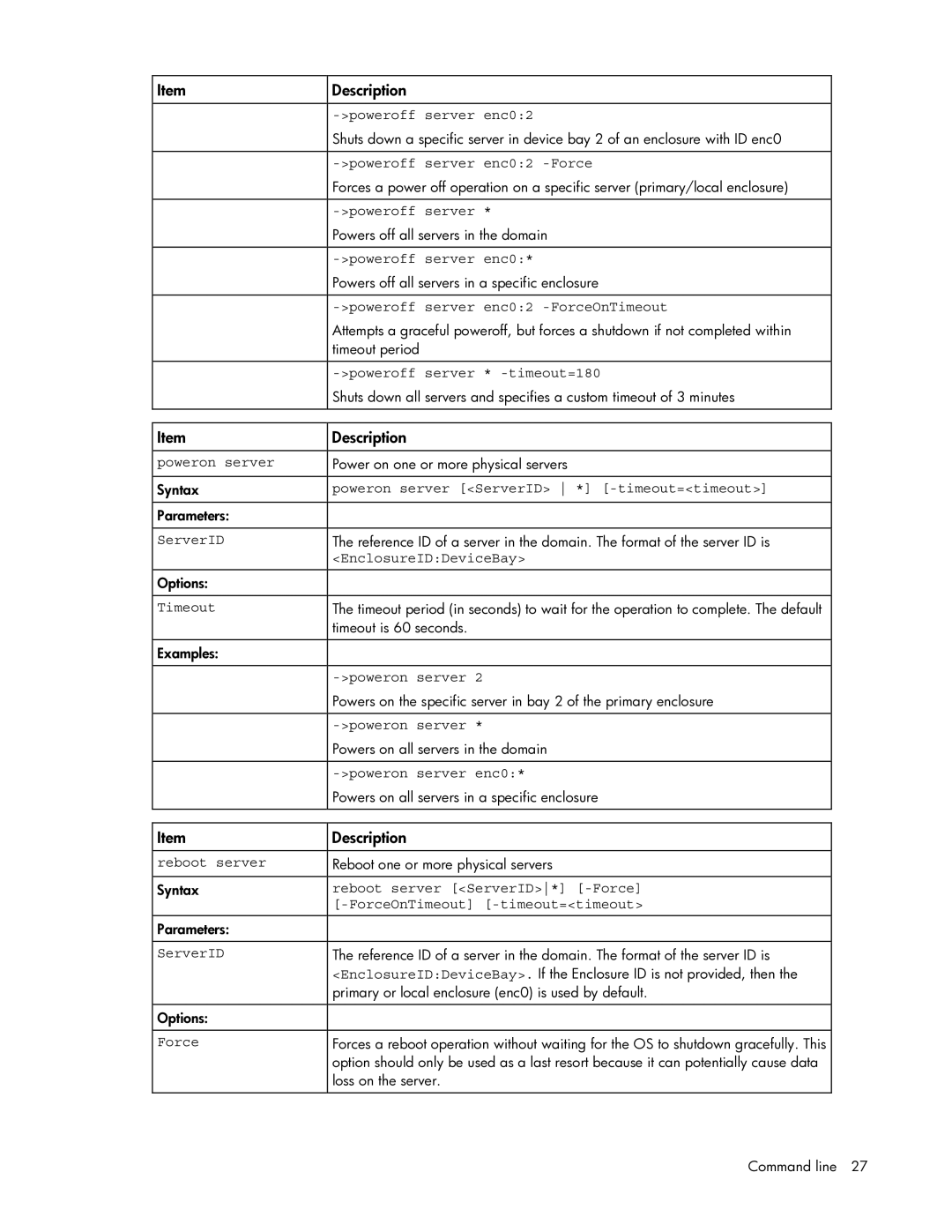 HP 449298-001 Poweroff server enc02 -ForceOnTimeout, Poweroff server * -timeout=180, Poweron server, Reboot server 