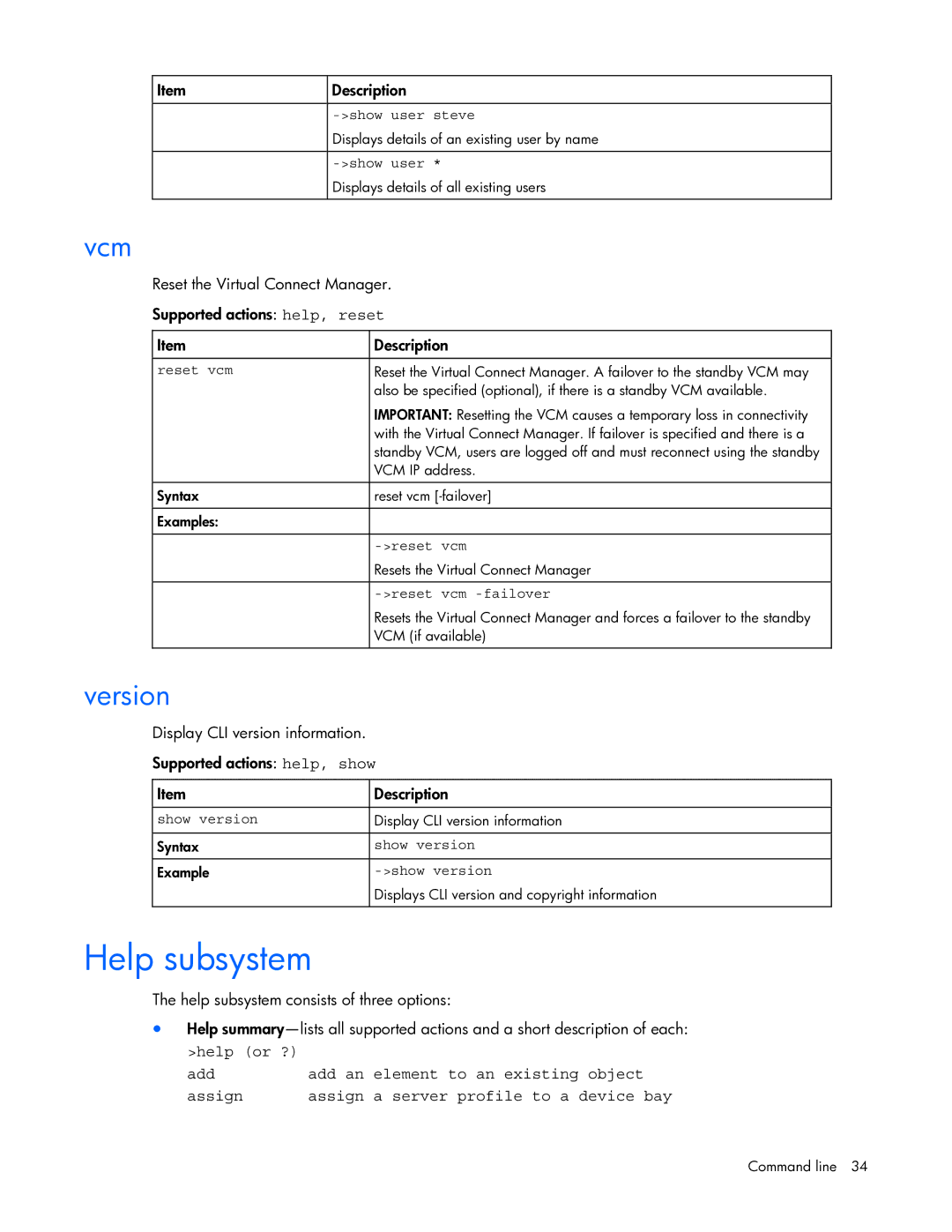 HP 449298-001 manual Help subsystem, Vcm, Version 