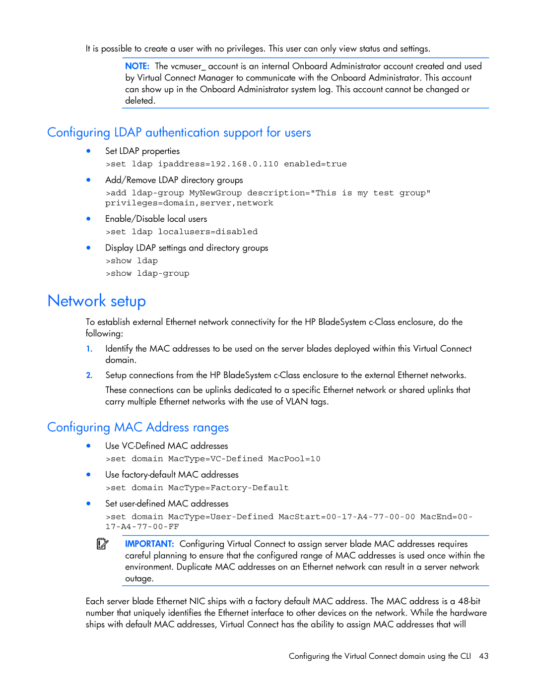 HP 449298-001 manual Network setup, Configuring Ldap authentication support for users, Configuring MAC Address ranges 