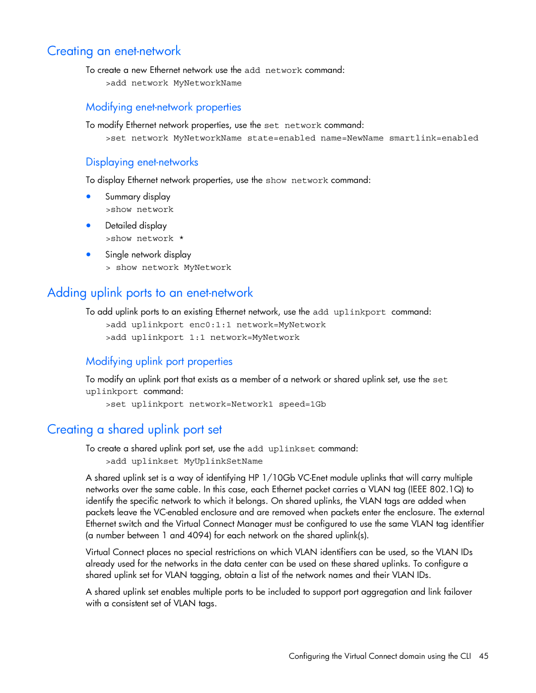 HP 449298-001 manual Creating an enet-network, Adding uplink ports to an enet-network, Creating a shared uplink port set 