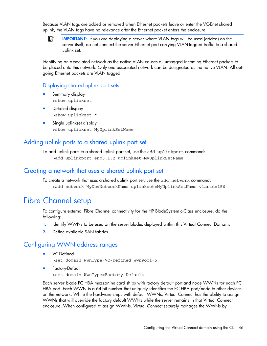 HP 449298-001 manual Fibre Channel setup, Adding uplink ports to a shared uplink port set, Configuring WWN address ranges 