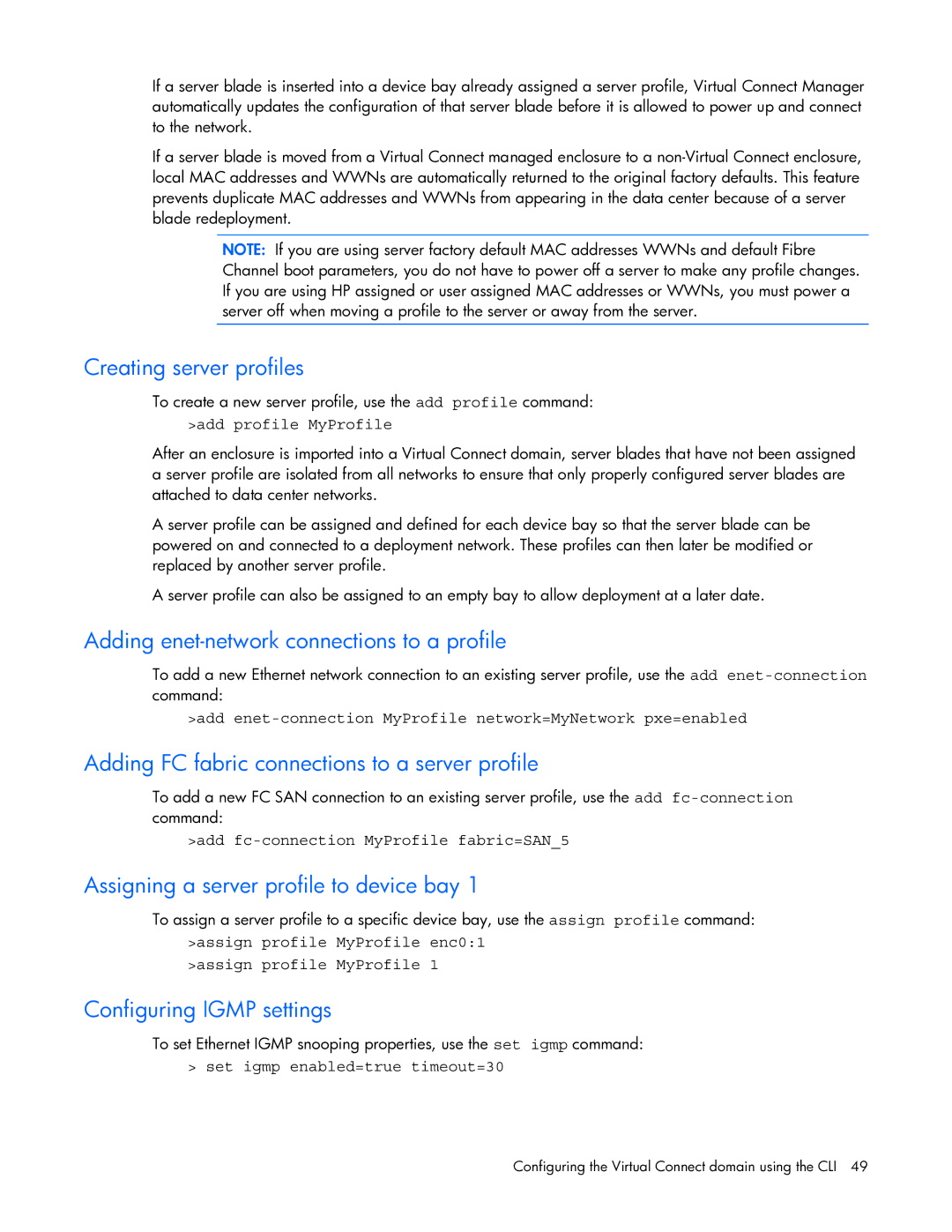 HP 449298-001 manual Creating server profiles, Adding enet-network connections to a profile, Configuring Igmp settings 