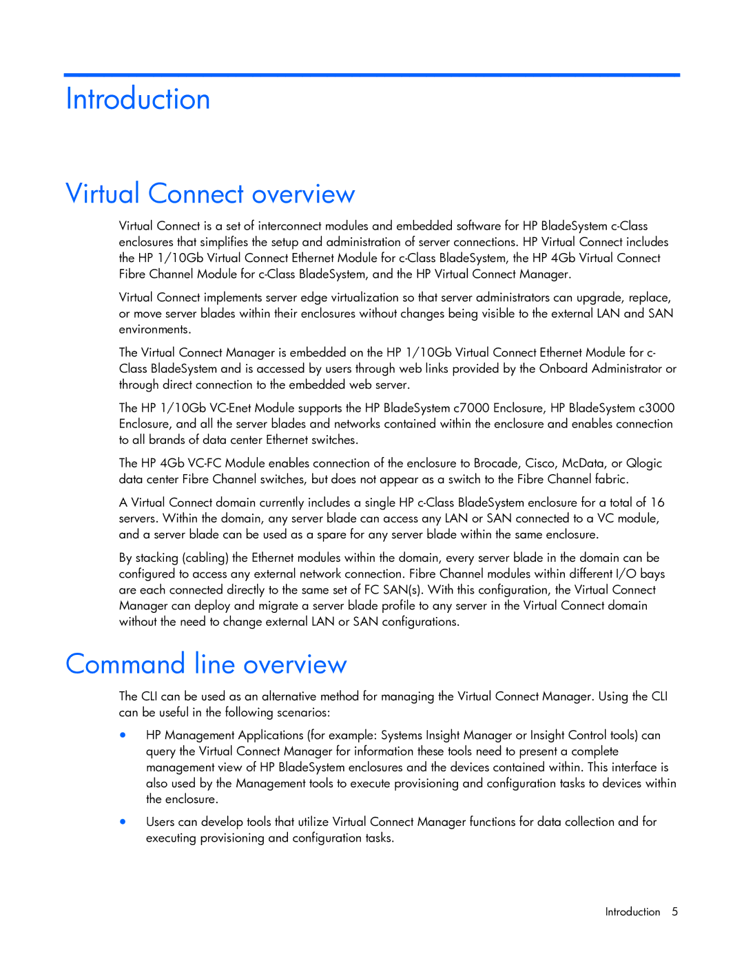 HP 449298-001 manual Introduction, Virtual Connect overview, Command line overview 