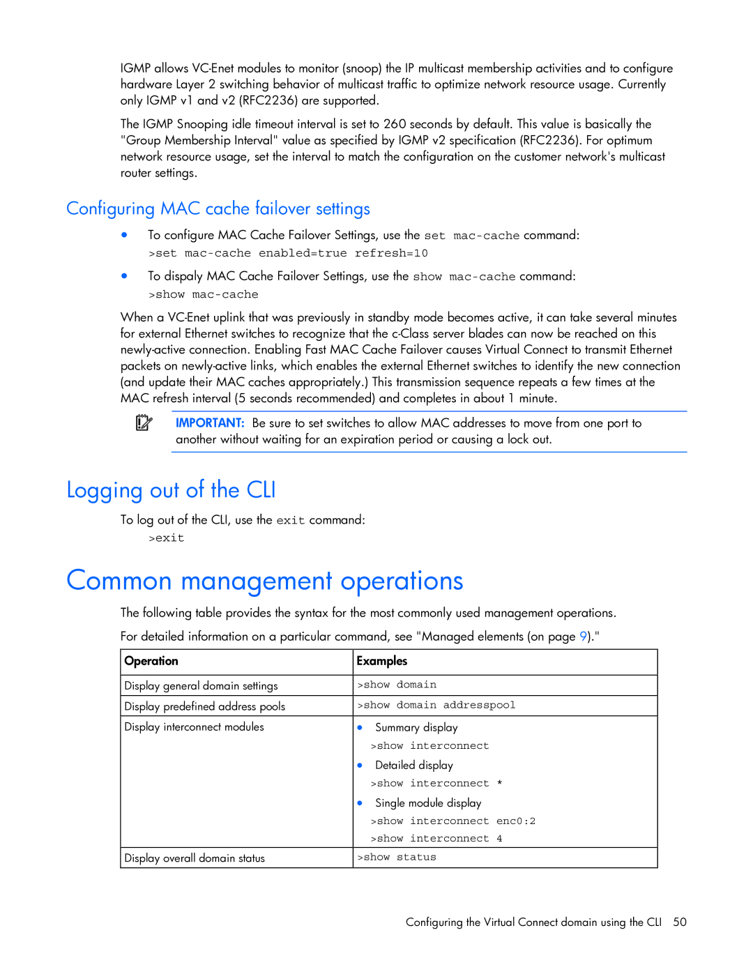 HP 449298-001 manual Common management operations, Logging out of the CLI, Configuring MAC cache failover settings 