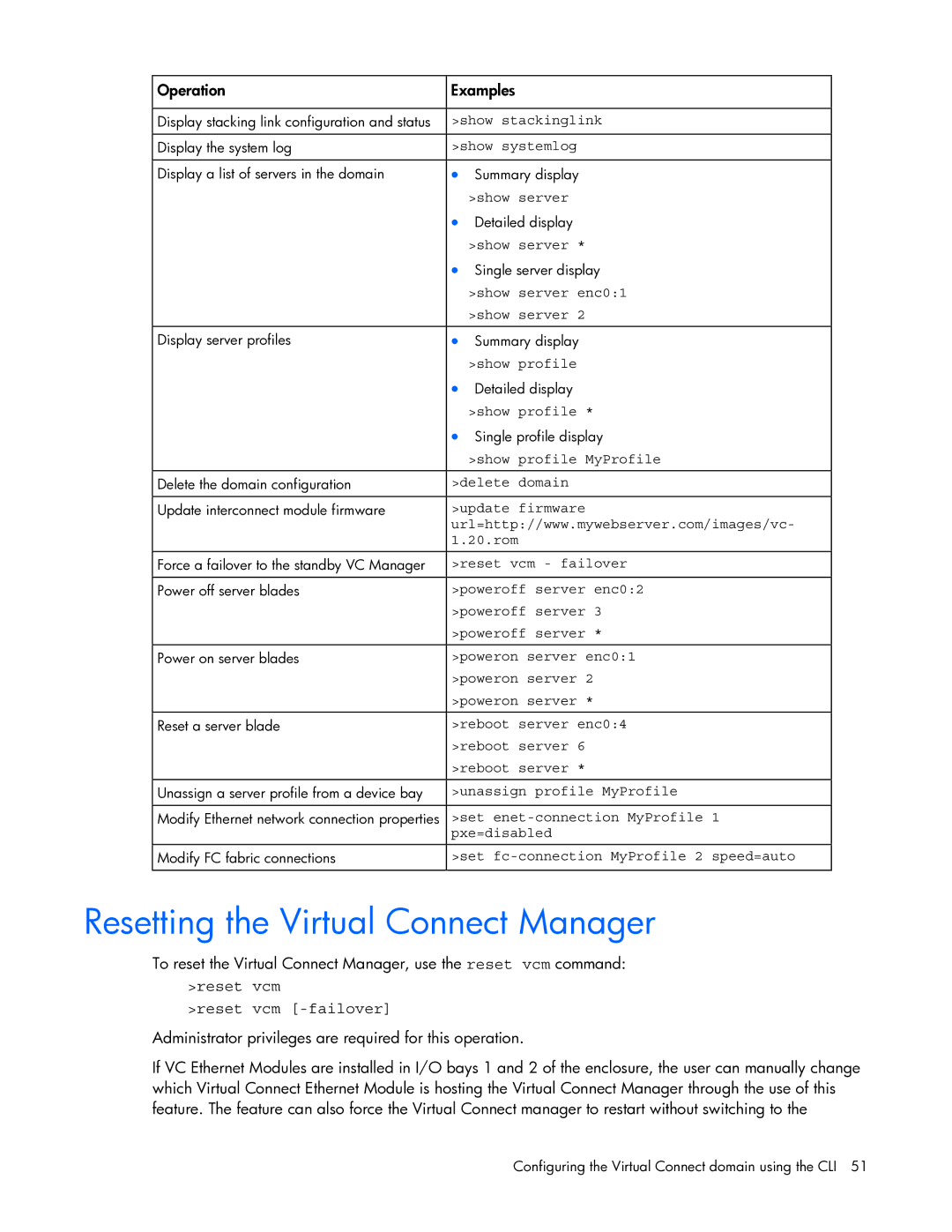 HP 449298-001 manual Resetting the Virtual Connect Manager, Reset vcm Reset vcm -failover 