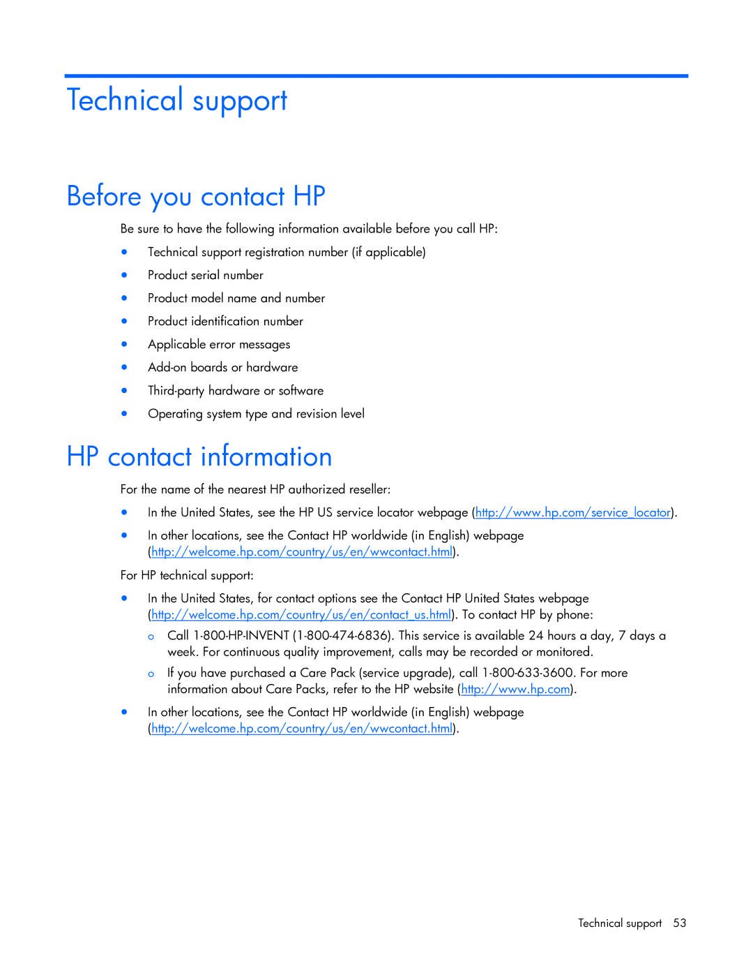 HP 449298-001 manual Technical support, Before you contact HP, HP contact information 