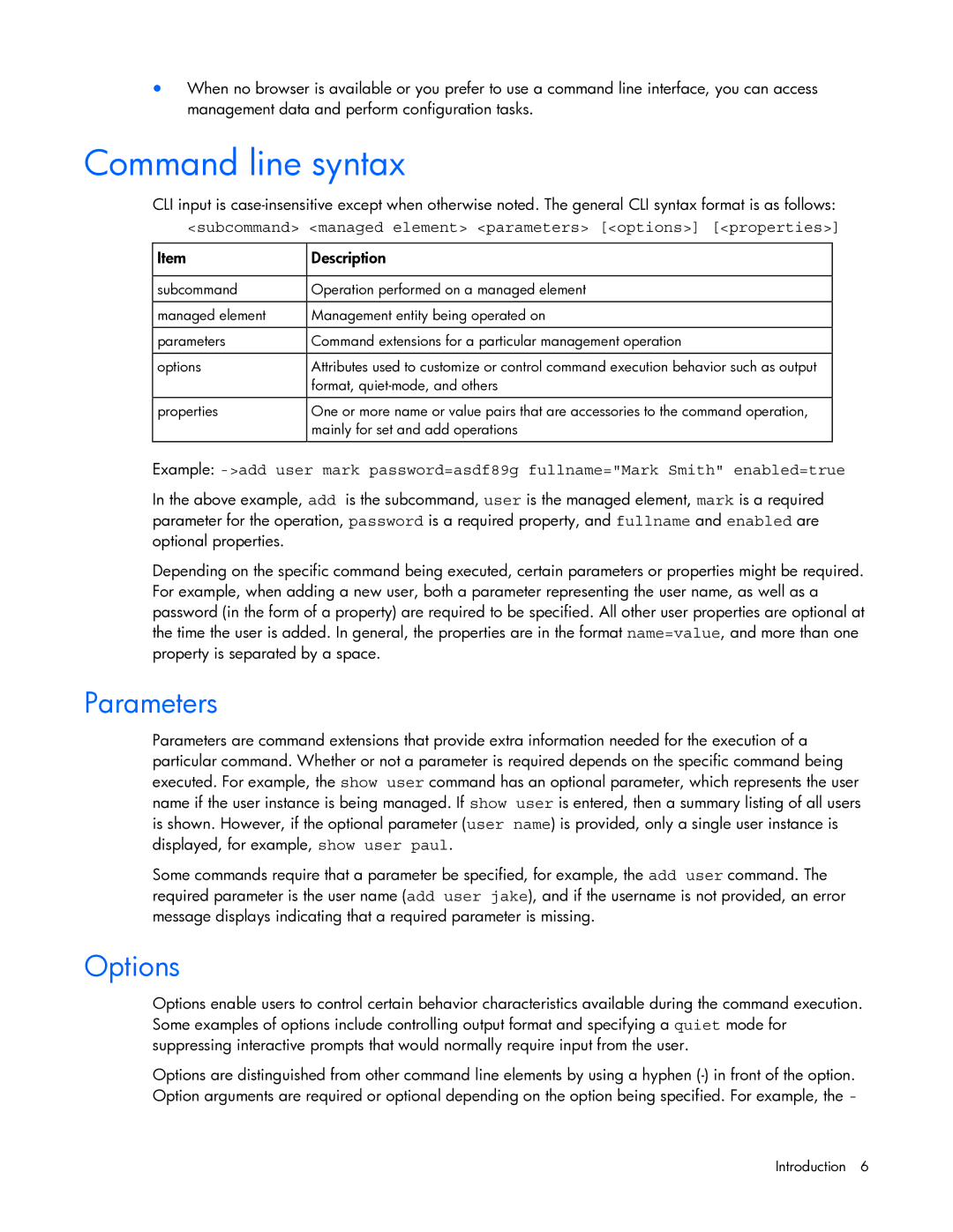 HP 449298-001 manual Command line syntax, Parameters, Options, Subcommand managed element parameters options properties 