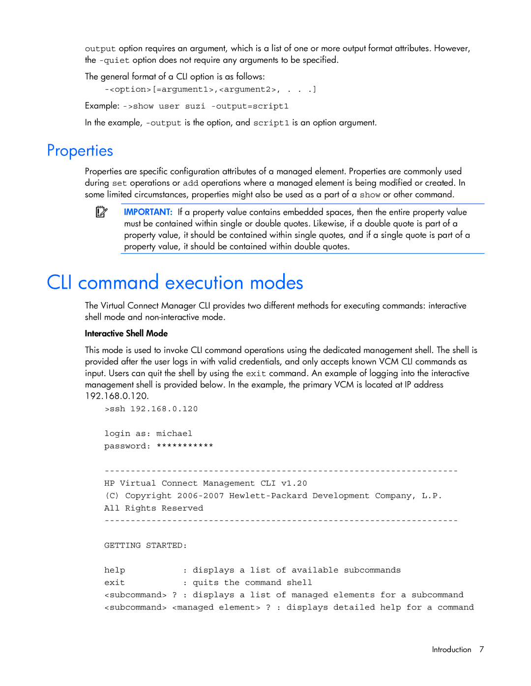 HP 449298-001 manual CLI command execution modes, Properties 